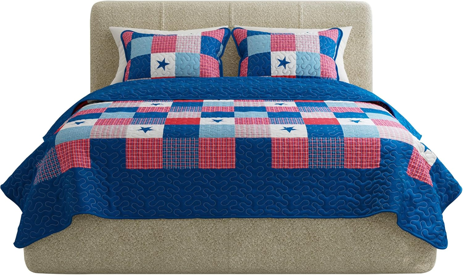 3-Piece Caroline Patriotic Quilt Set - Americana Stars and Plaid Patchwork Bedding - Full/Queen Bed Spread with 2 Pillow Shams by Lavish Home