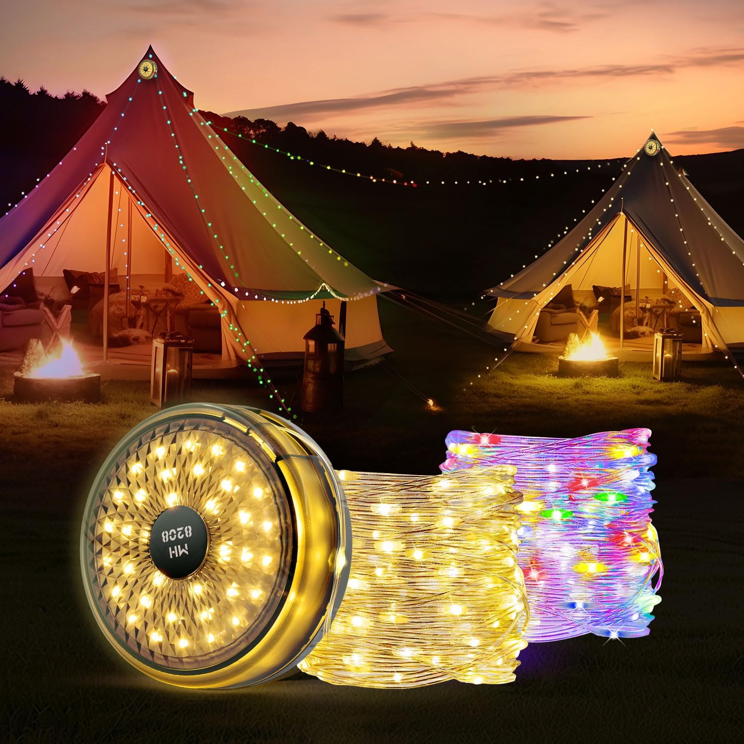 Camping Fairy Lights, 12M/39.4FT 120 LED Retractable Camping String Lights, 10 Modes, 2000Mah USB Rechargeable, IP67 Waterproof, Warm White & Multicolour for Tent Outdoor Garden Camping