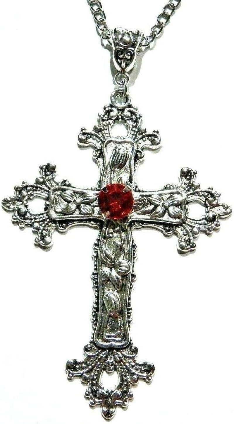 Large Gothic Cross Necklace Silver-Tone Pendant with Glass Stone, on 24