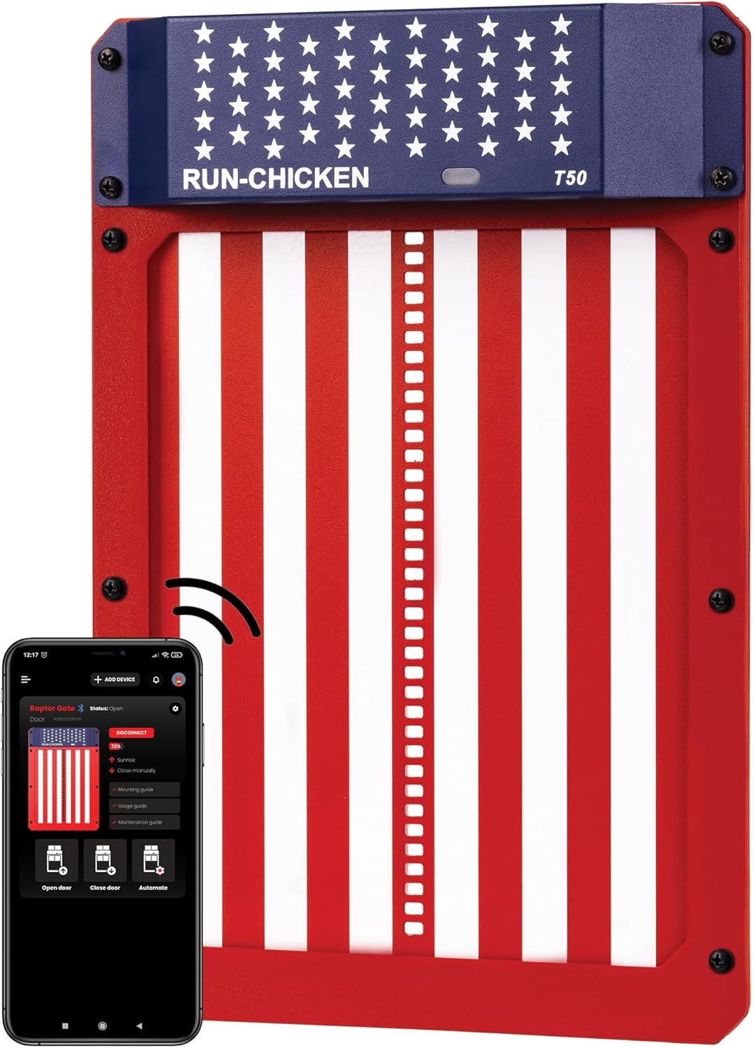 RUN-CHICKEN Door T50 – Automatic Chicken Coop Door Opener, Battery Powered & Weatherproof Aluminum, Smart App & Timer Control, Predator Proof, Easy Install, Reliable All-Season Performance (USA)