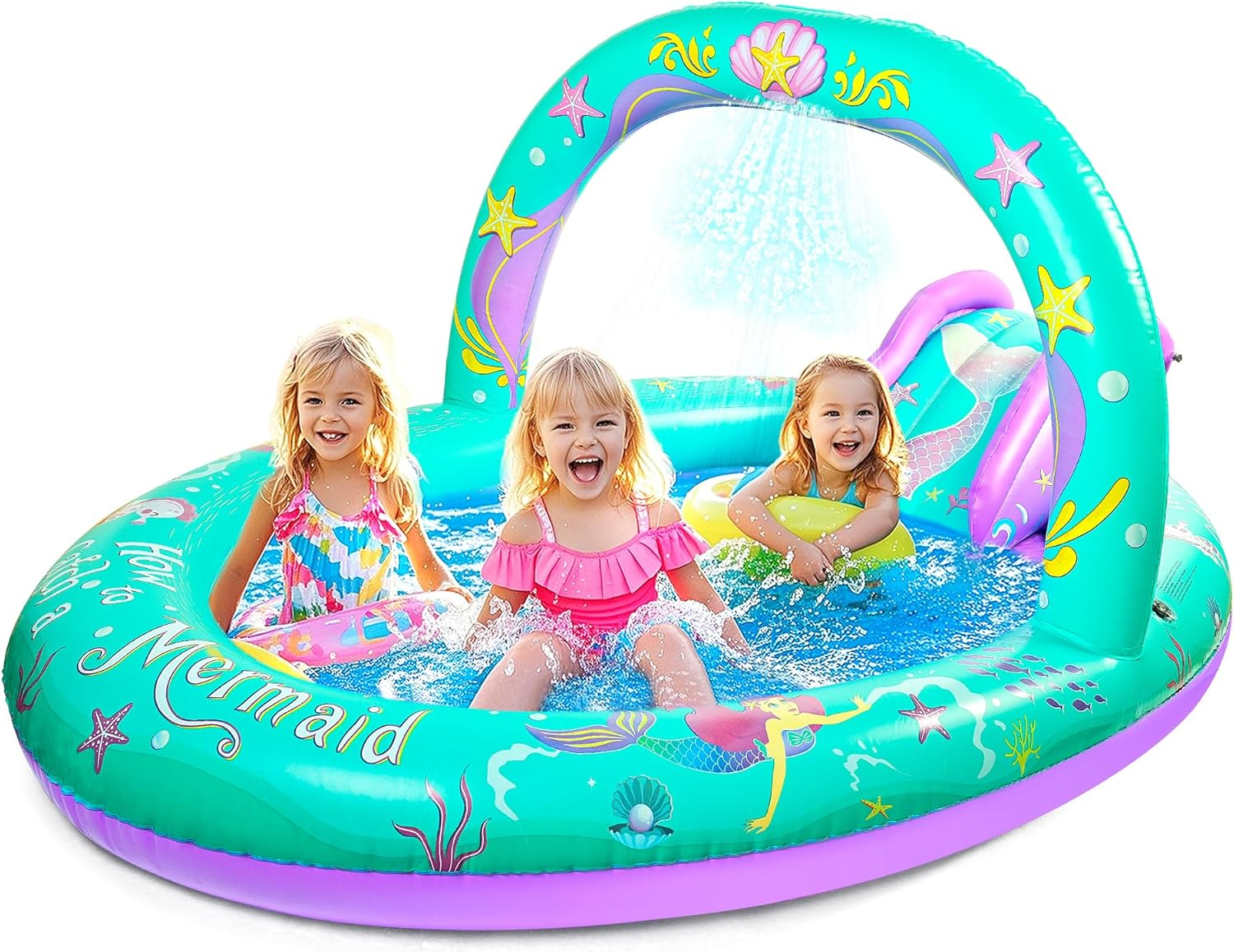 Mermaid Inflatable Play Center Kiddie Pool with Slide and Sprinkler for Children, 96''X59''X39'' Baby Pool for Backyard and Garden