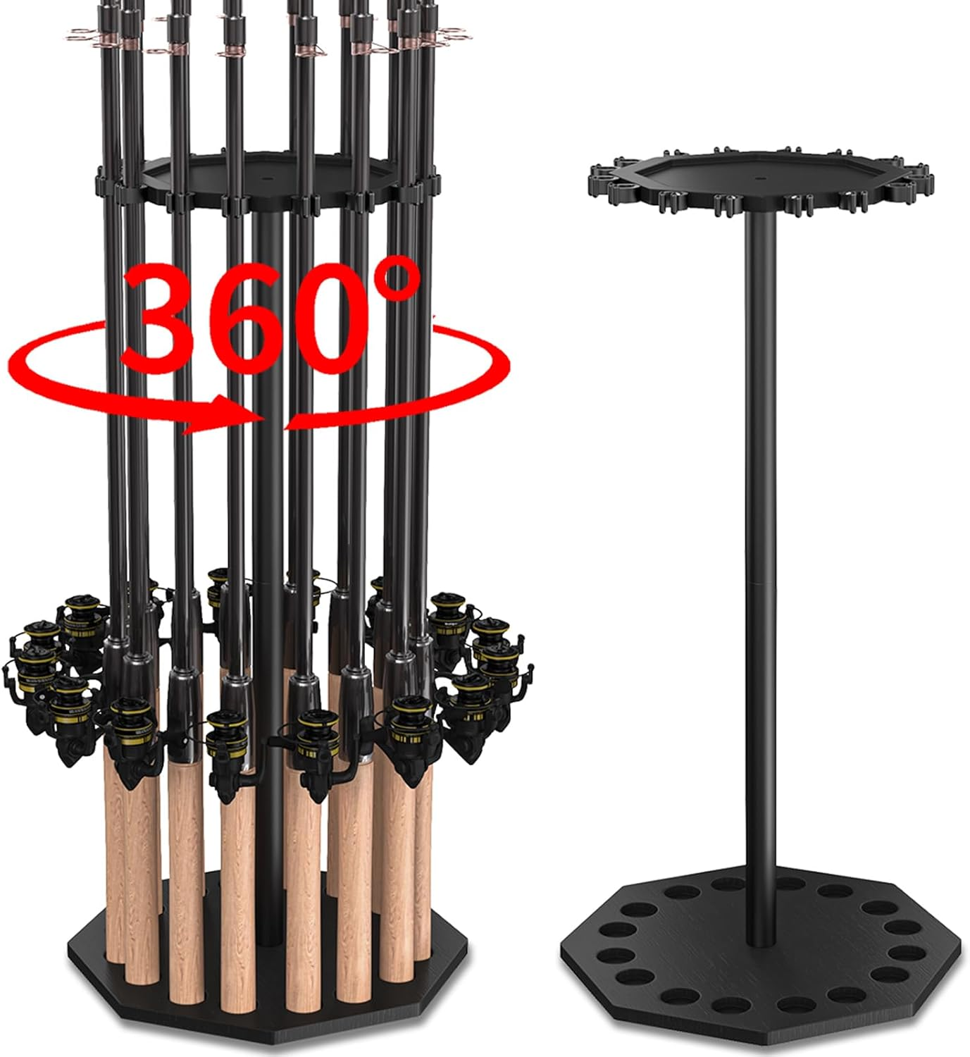 Fishing Rod Holder Wood, Holds up to 16 Rods or Combos, 360° Spinning Fishing Pole Holder for Garage, Fishing Gear Storage Organization, Fishing Accessories, Ideal Fishing Buddy Gift