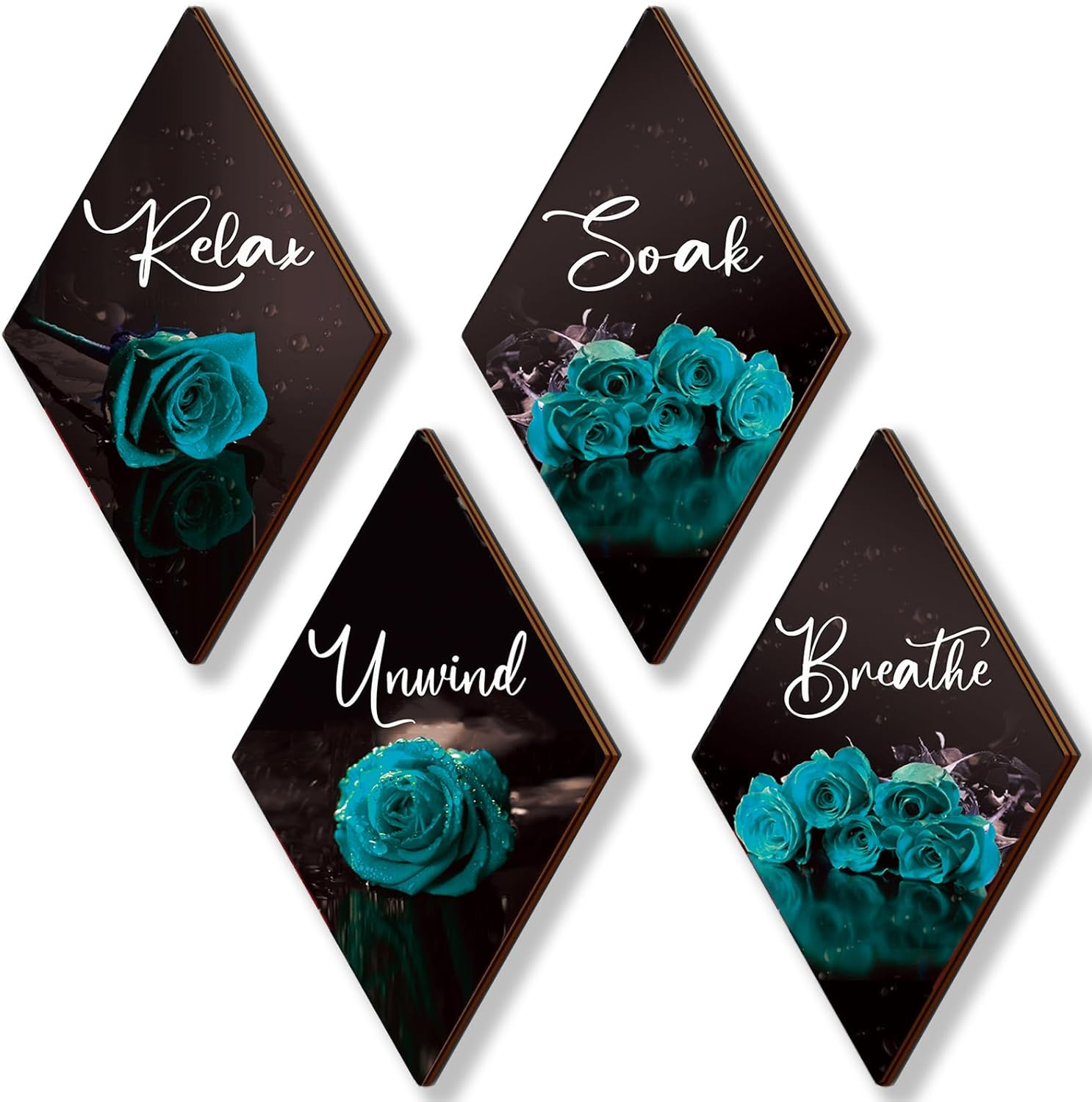 Set of 4 Teal Bathroom Decor Rose Wooden Wall Decor Turquoise Bathroom Decor Romantic Farmhouse Teal Wall Decor Breathe Soak Unwind Relax Signs for Office Room Bedroom (Teal 12 X 7)