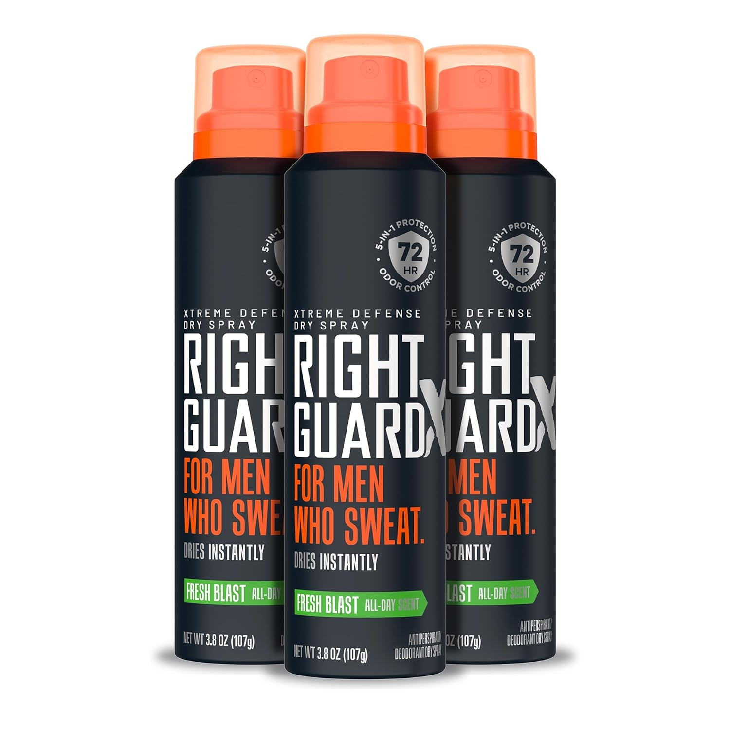 Right Guard Xtreme Defense Antiperspirant & Deodorant Spray | 5-In-1 Protection Dry Spray Deodorant for Men | Blocks Sweat 2X Longer | 72-Hour Odor Control | Fresh Blast Scent, 3.8 Oz. (3 Count)
