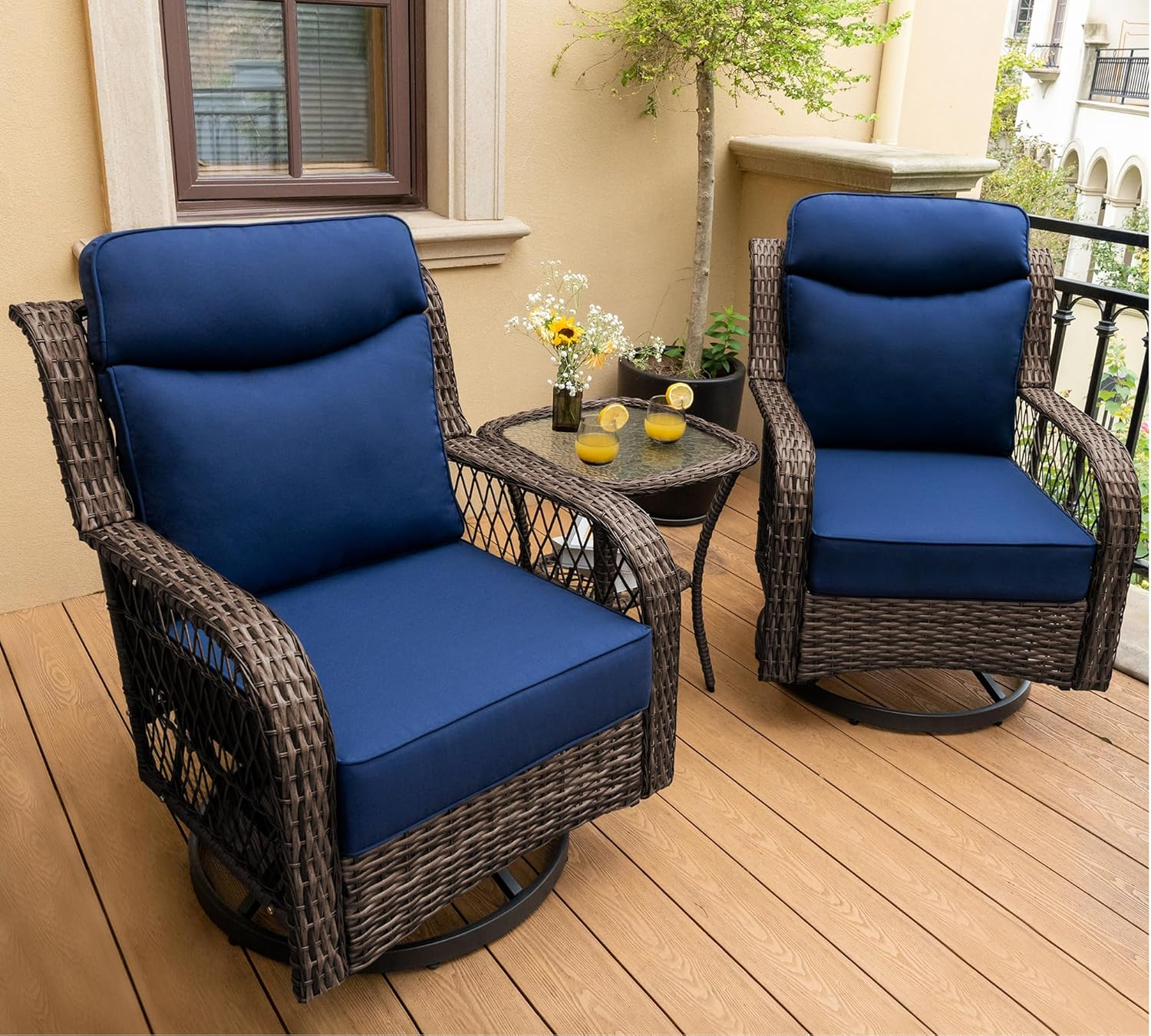 Outdoor Swivel Rocker Chairs 3 Pieces Wicker Swivel Patio Chair with Rattan Side Table, 5