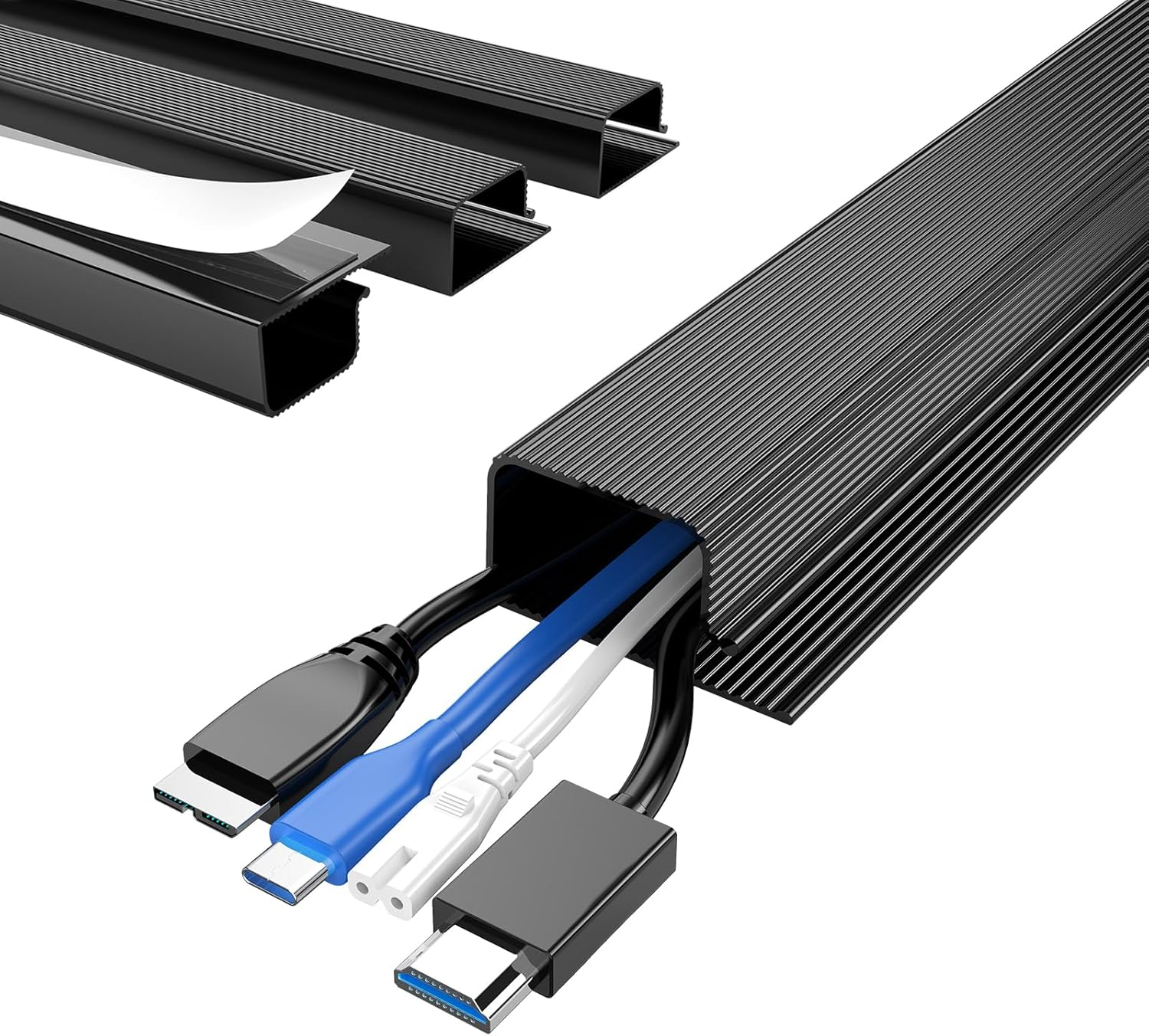 62.8in Cable Management Under Desk, 4X 15.7in Desk Cable Cord Organizer for Wire Management, Computer Desk Cable Management, Self Adhesive Cable Concealer Raceway for Office & Home, Black