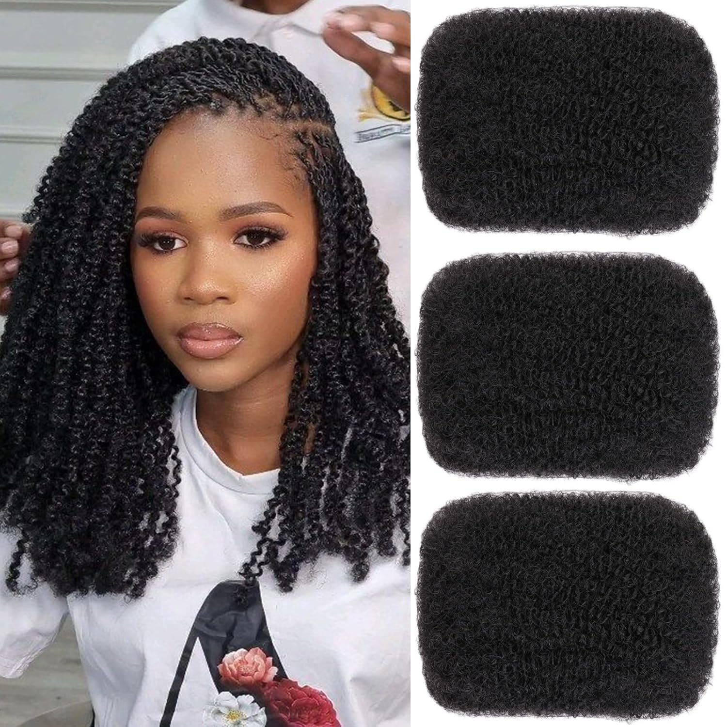 Xtrend 16 Inch 3 Bundles 90G Natural Black Afro Kinky Curly Braiding Bulk Hair for Mini Braiding Twists ，Afro Kinkys Bulk Synthetic Hair for Micro Spring Twist，Dreadlock Extensions Repair Locs Women