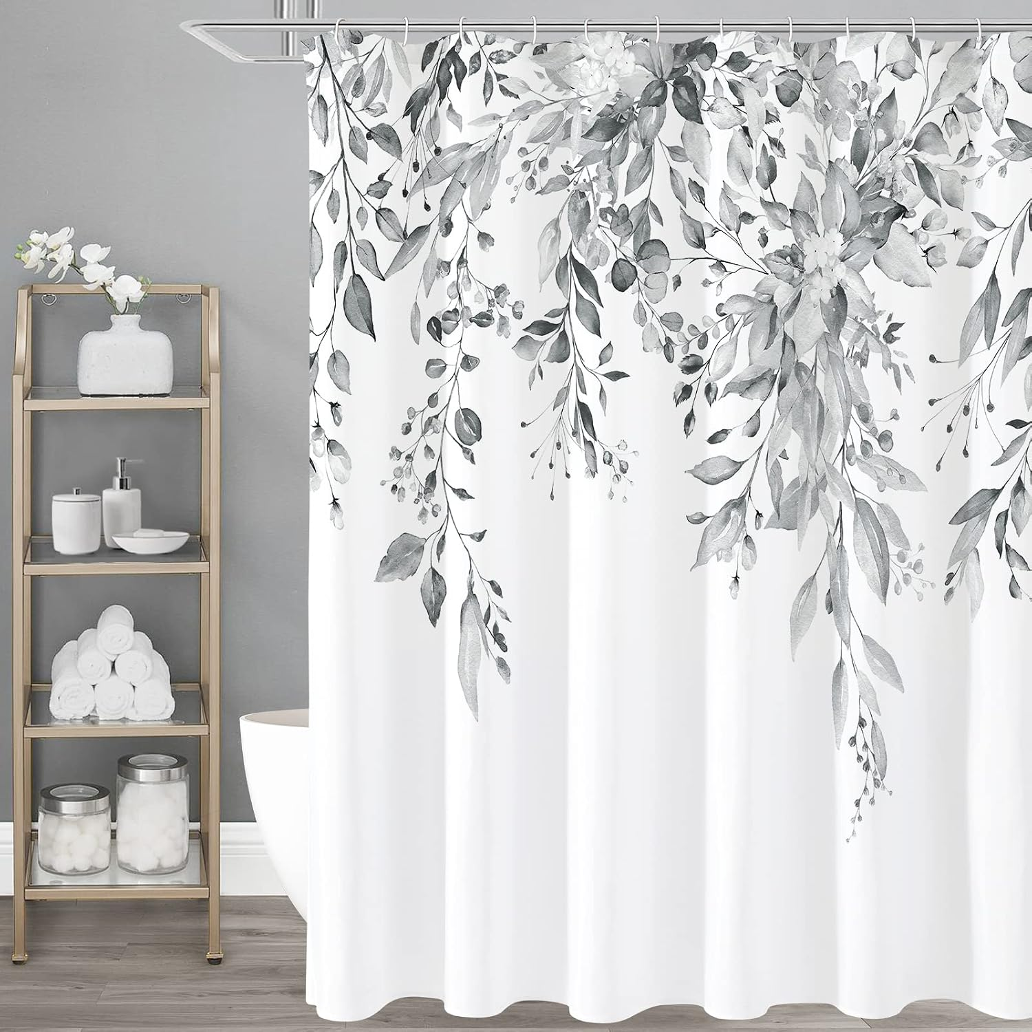 Gibelle Grey Eucalyptus Shower Curtain, Watercolor Plant Leaves with Floral Bathroom Shower Curtain Set, Gray White, 72X72