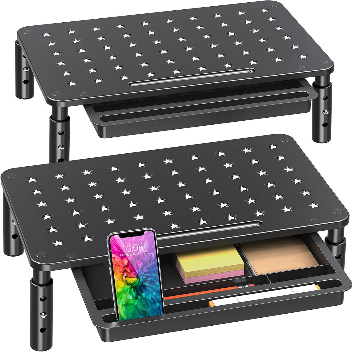 2 Pack Monitor Stand Riser with Drawer - 3 Height Adjustable Metal Monitor Stand with Unique Star Mesh for Computer Laptop Notebook Printer