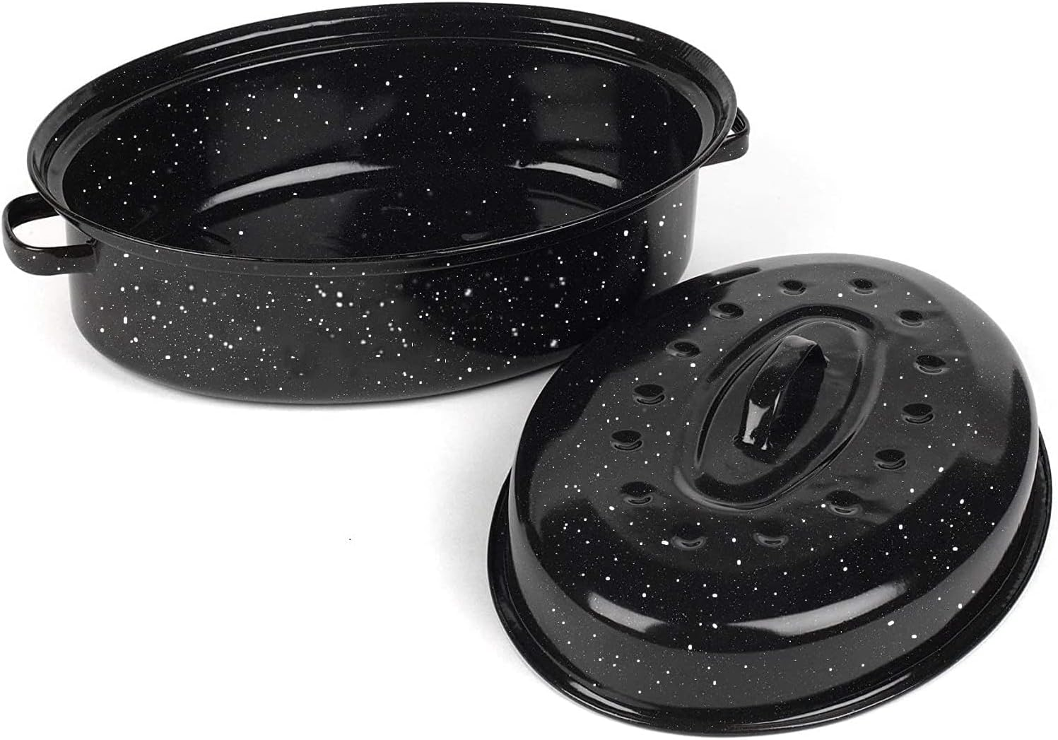 16 Inch Roasting Pan with Lid - Covered Oval Roaster - Enamel Carbon Steel Roaster Pot - Excellent Heat Distribution and Non-Sticky - for Turkey Chicken Meat & Vegetables -Birthday and Holiday Gifts