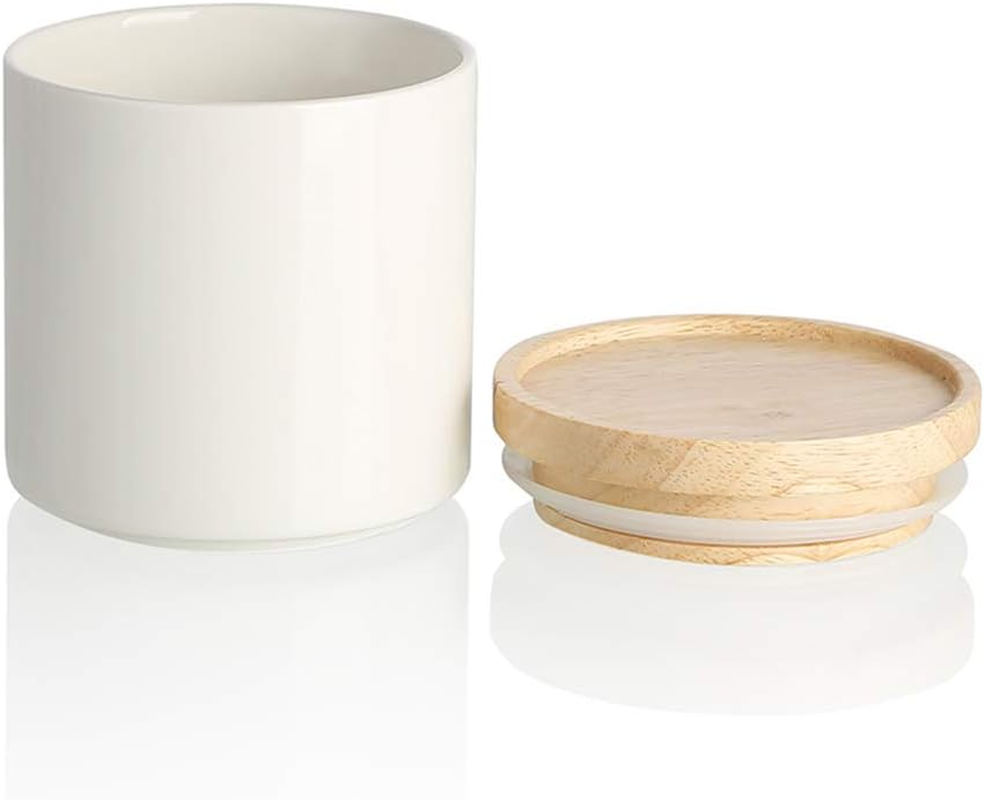 Kitchen Canisters Ceramic Food Storage Jar, Stackable Containers with Airtight Seal Wooden Lid for Serving Ground Coffee, Tea, Sugar, Salt and More - 16 Fl Oz (White)