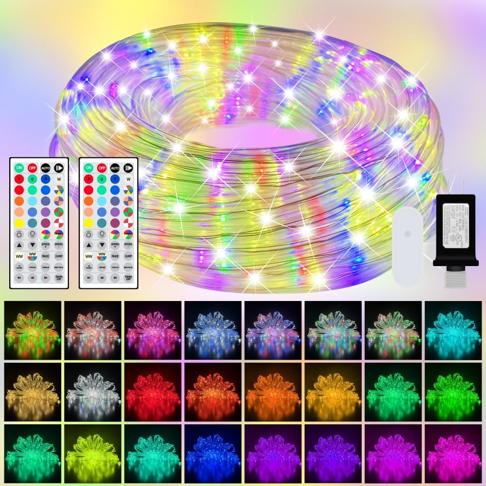 Color Changing Rope Lights for Outside, 100Ft LED String Lights with 2 Remote, 17 Single Colors 8 Multicolor 149 Modes, IP68 Waterproof Fairy Twinkle Lights for Backyard, Patio, Bedroom, Garden Decor