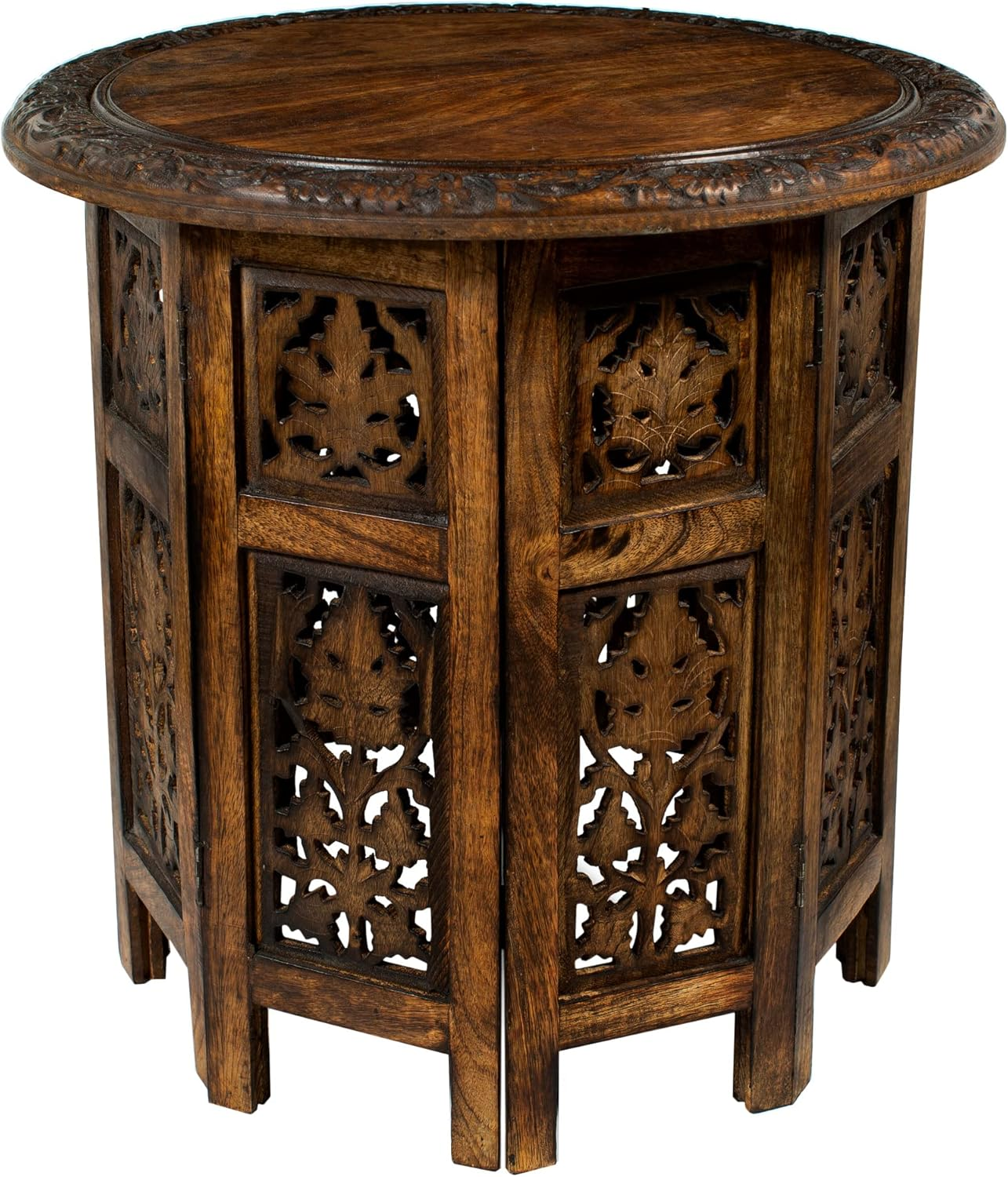Solid Wood Accent End Table - Hand Carved Vintage Boho Folding Side Table - Small Spaces Entryway Farmhouse Living Room Bedside - No Tools Assembly -18X18 round - Jaipur Antique Brown -