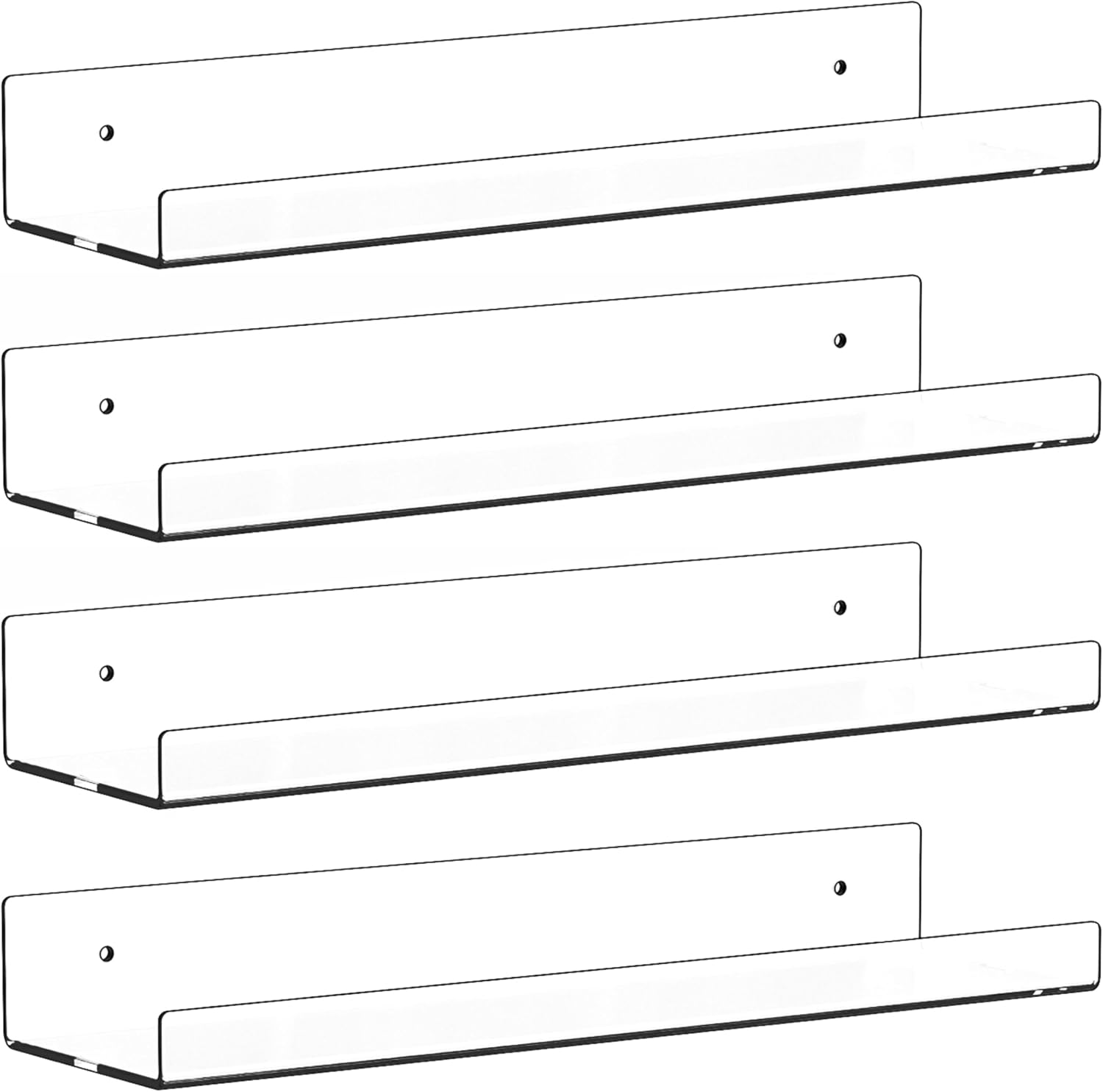4 Pack Clear Acrylic Shelves for Wall with Adhesive,15 Inch No Drill Floating Shelves for Bathroom,Bedroom,Renter Friendly,Kids Room Bookshelf,Wall Display Shelf for Lego,Funko Pop,Figurine,Perfume