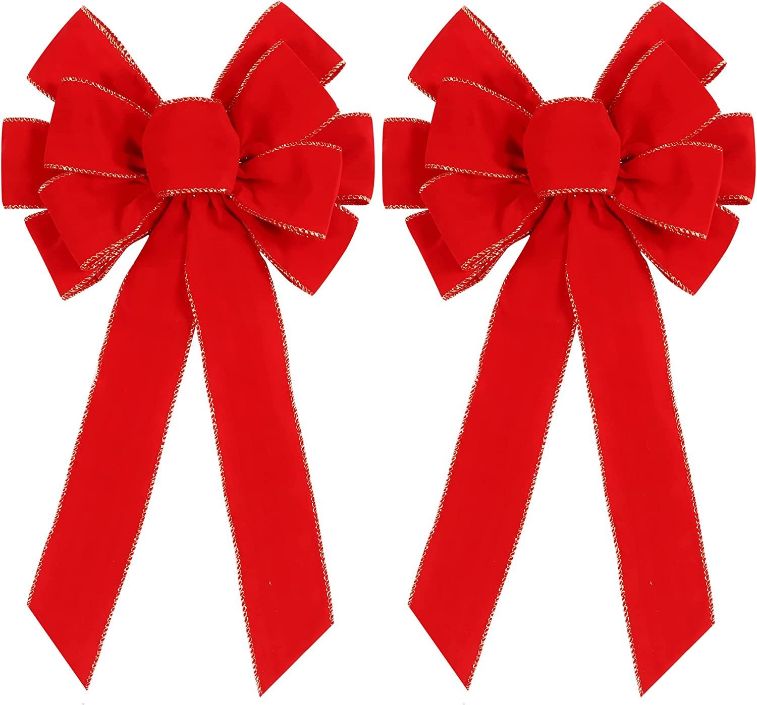 2 Pack Red Christmas Bows Outdoor Decorations,12”X20” Large Christmas Tree Topper Bow, Velvet Wreath Bow with Glitter Gold Edge for Xmas Home Front Door Decor