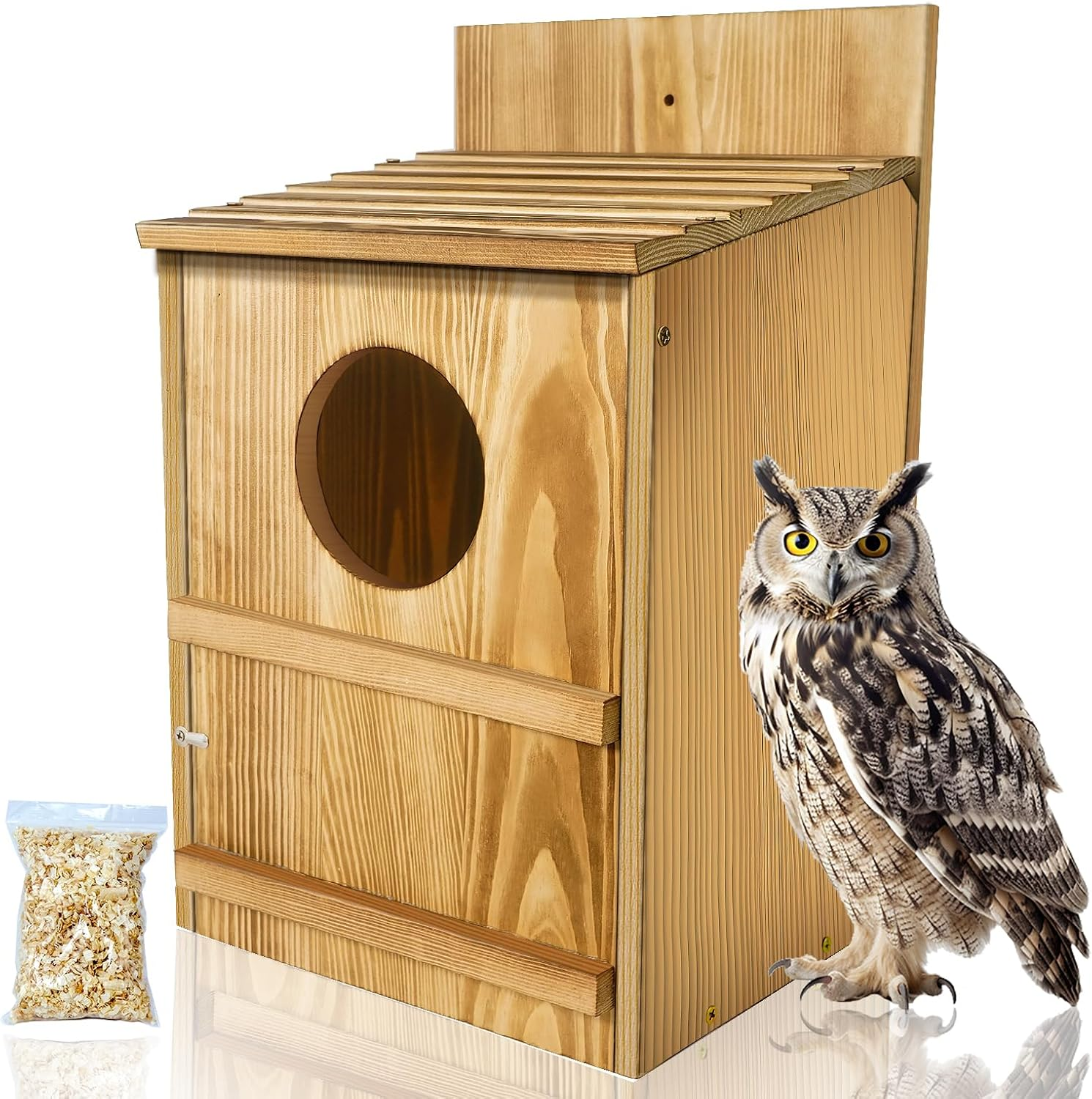 Owl House,Wooden Owl Box,Owl Houses for Outdoors, Suitable for Screech Owl Nesting Box and Kestrels, Easy Assembly with Circular Opening, Includes Mounting Screws and Wood Shavings