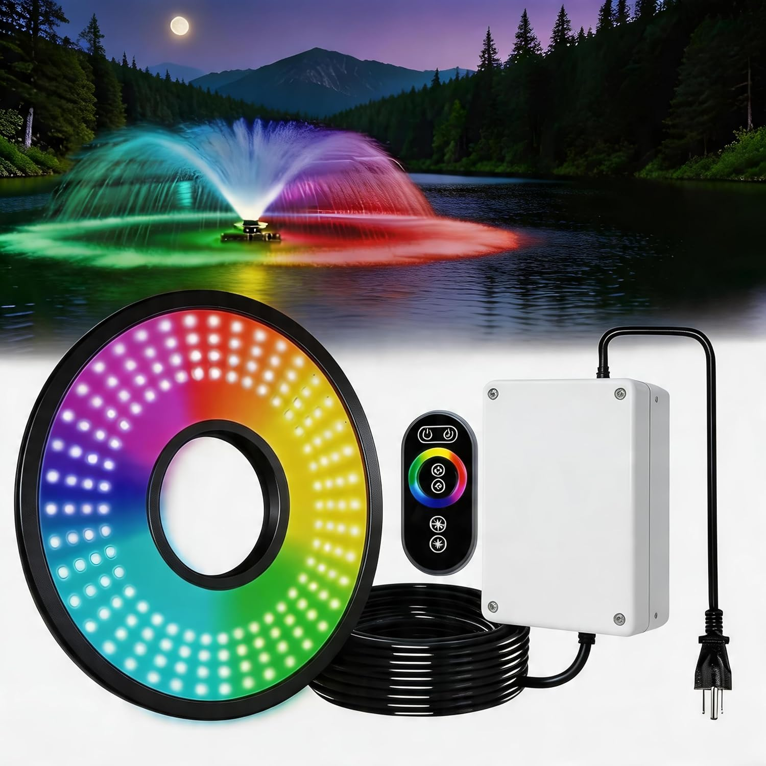 Pond Fountain Aerator Lights RGBW 20000LM LED Fountain Light with 100FT Power Cord AC 120V, 100Ft Cable with Controller IP68 Waterproof,Wireless Sync Control with Most Pond Aerators