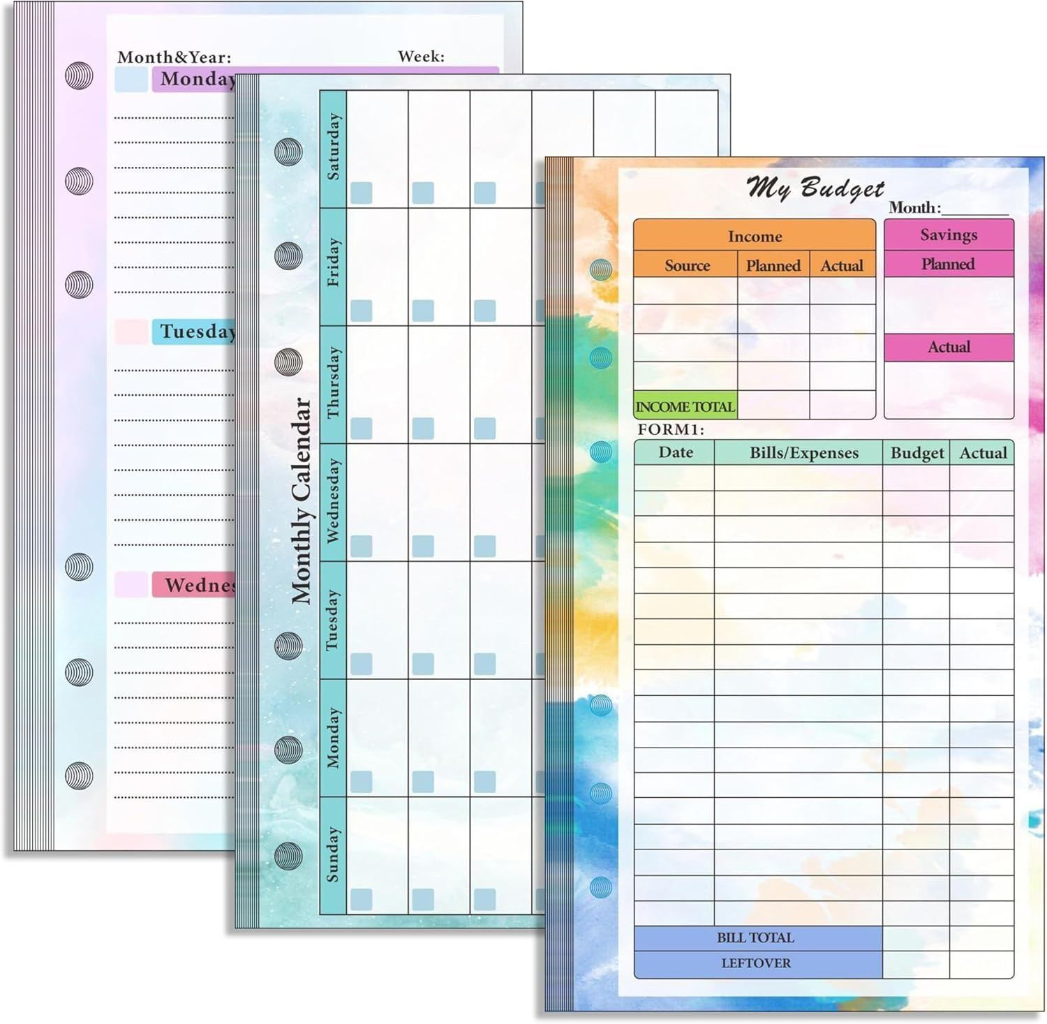 3 Pack A6 Planner Refill Paper & Budget Sheets, Monthly Weekly Planner Losse Leaf Inserts 6 Hole Expense Tracker or A6 Planner Binder Cover Budget Bill Saving Organizer, Colorful 3 Pack
