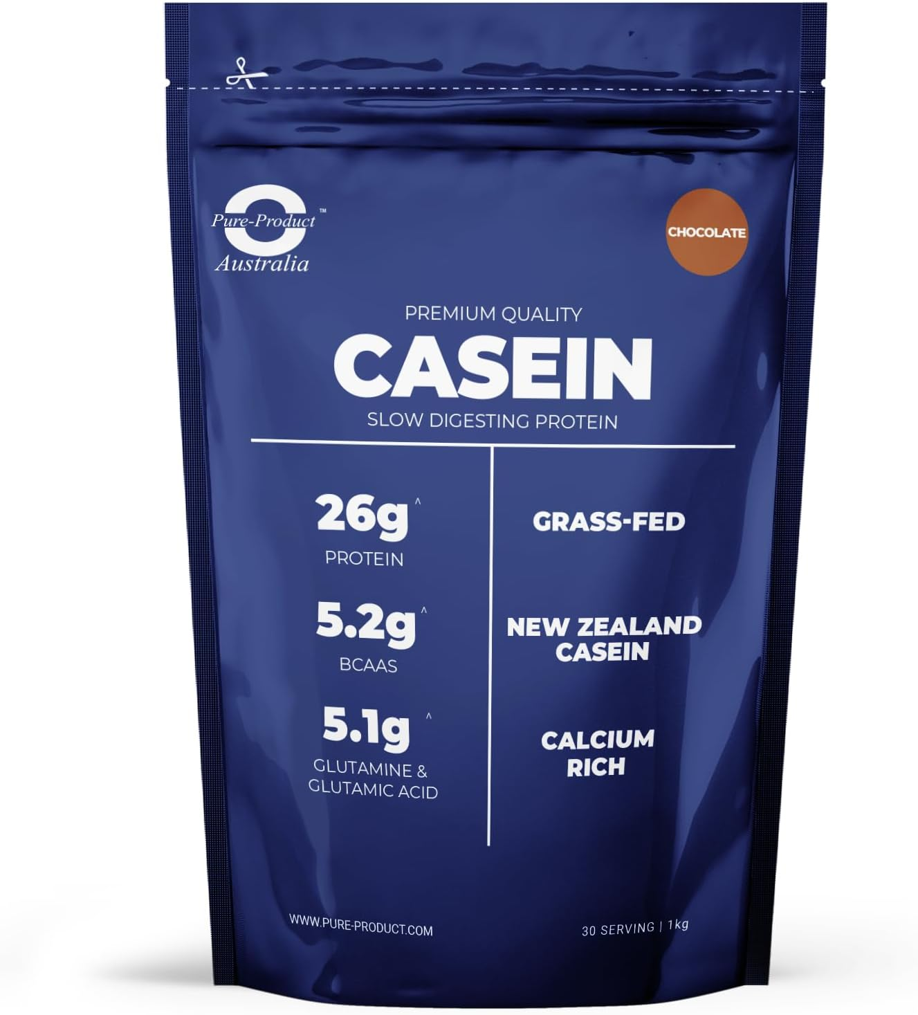 - 100% Casein Protein Powder - NZ Micellar Casein - Grass-Fed - Calcium Rich - 27G Protein per Serve - 1Kg (30 Servings) - Chocolate