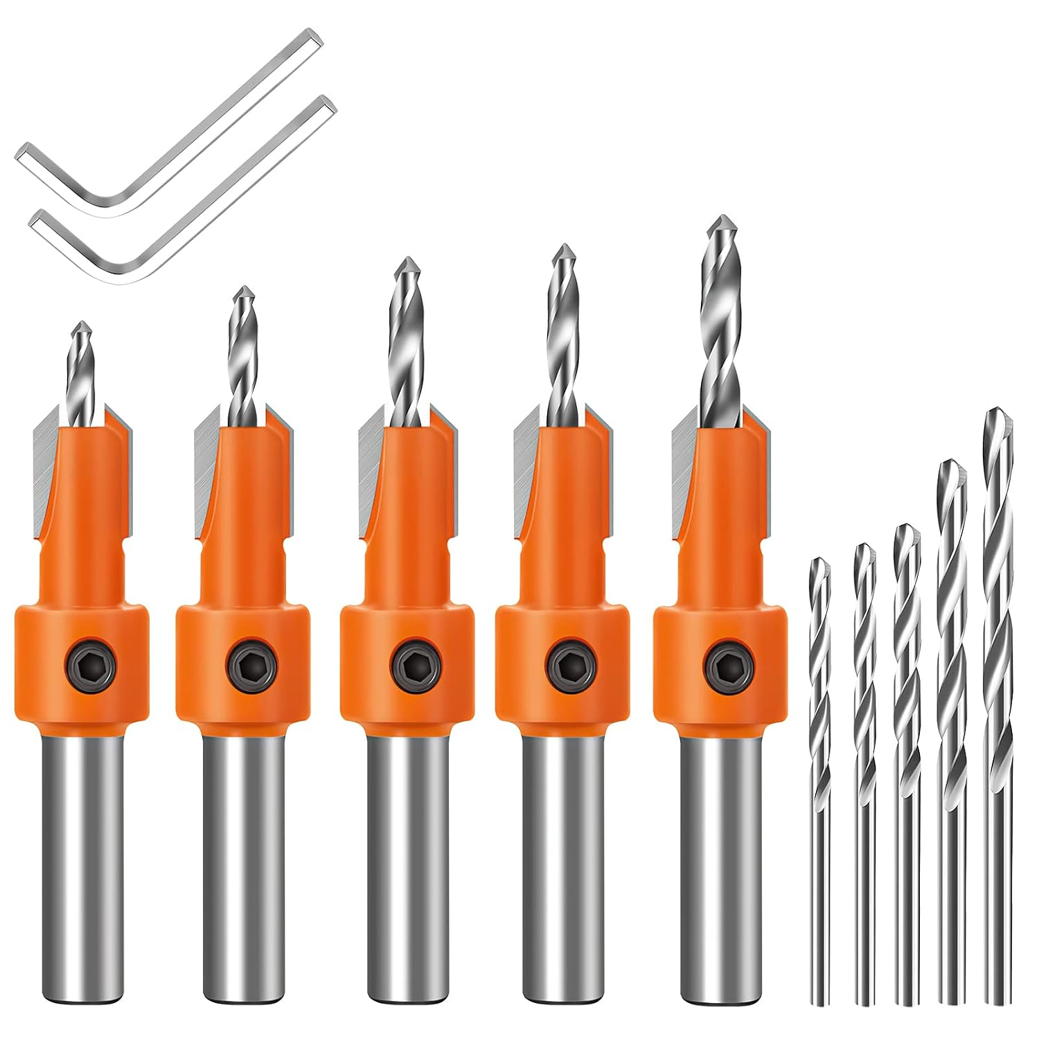 5-Piece Tapered Countersink Drill Bit Set – Hex Shank, Sizes #4-#12, Adjustable Pilot Depth, HSS & Carbon Steel, For Woodworking & Plastics