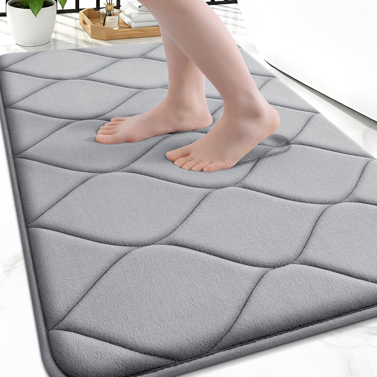 Memory Foam Bath Mat 30''X20'', Ultra Soft Non-Slip Bathroom Rug, Plush Water Absorbent Quick Dry and Machine Washable Floor Mat for Shower, Tub & Home Decor, Grey