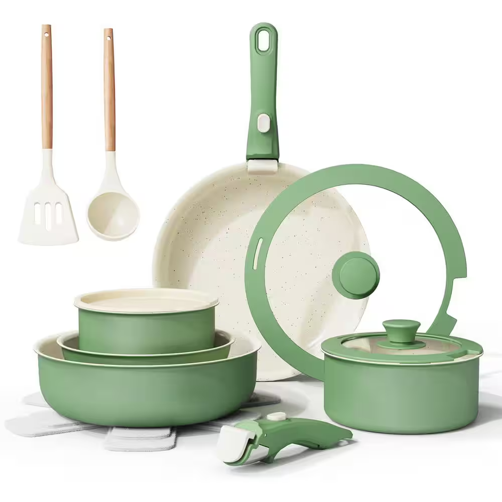 Multi-Pots Aluminum 17-Piece Green Ceramic Nonstick Cookware Set Induction Ready Removable Handle Stain Resistant