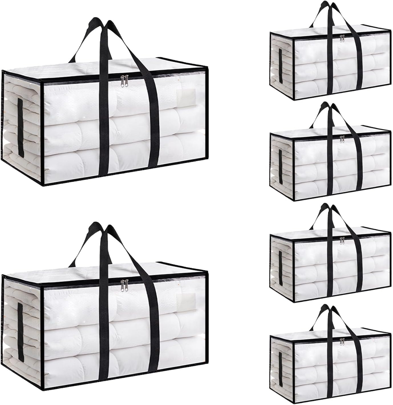 6 Pack-Extra Large Heavy Duty Moving Bags - Waterproof Storage Totes with Handles & Zippers, Foldable for College Dorm, Storage (Clear)