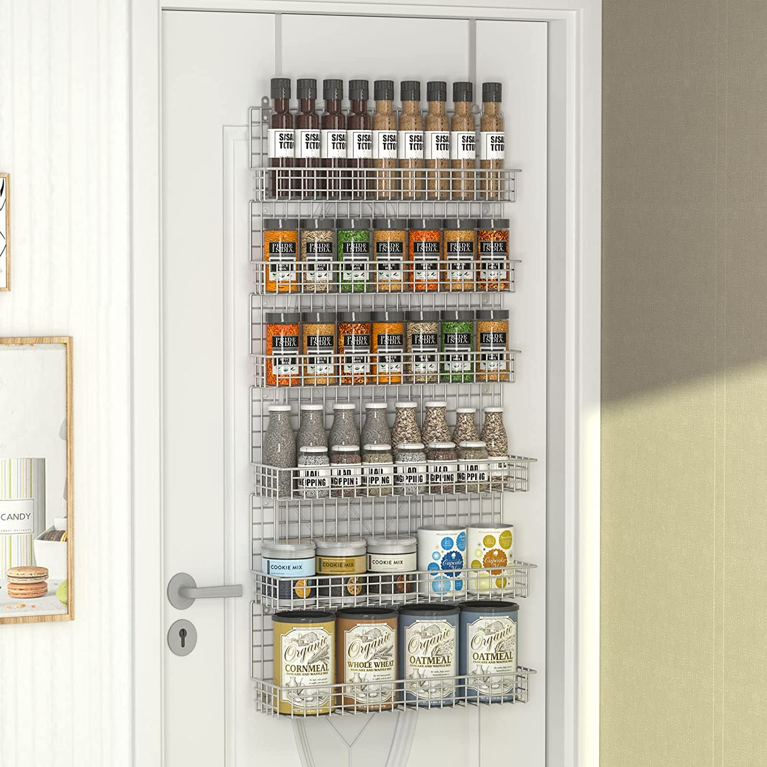 Spice Rack Organizer 6-Tier Wall Mounted & over the Door Spice Racks for Kitchen Pantry Bathroom,Two Size, Large Capacity, Silver