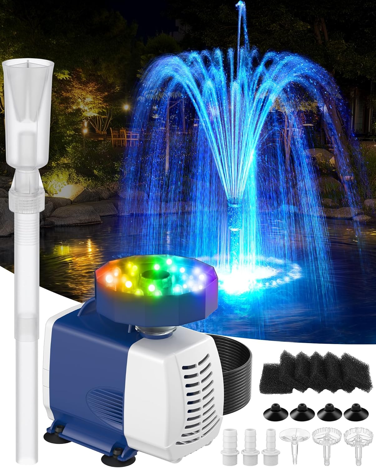 Submersible Pump RGB Pond Filter System Kits,3-In-1 Pond Filter Fountain with Colorful Light,660Gph Ponds Filter Box,Multi-Layer Filtration, Applicable to Garden Fish Pond,Water Feature-Bule