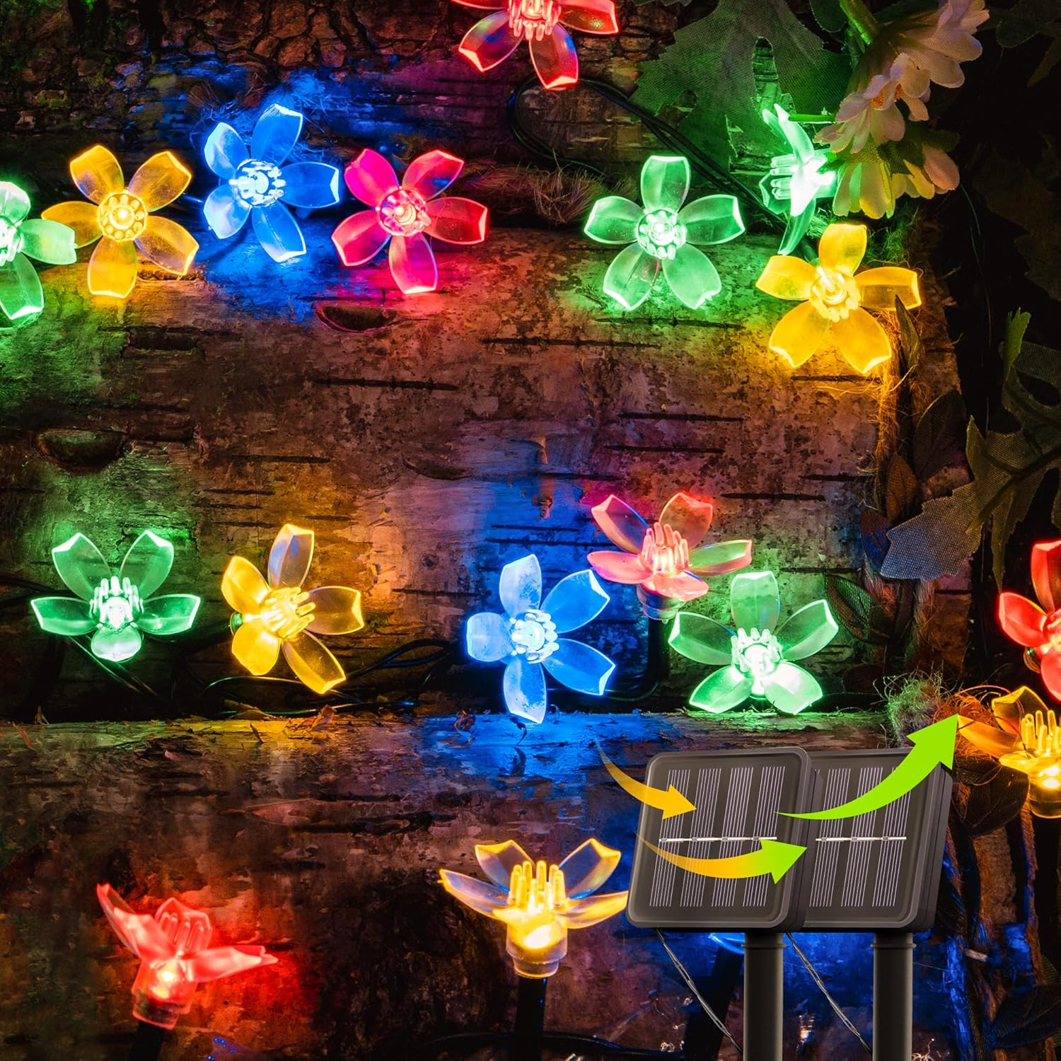 Solar Flower String Lights, 2PACK 50 LED Cherry Blossom Lights Outdoor Waterproof, Solar Fairy Lights Garden Decorations for Fence, Patio, Yard, Christmas Tree, Lawn, Party,Multicolor