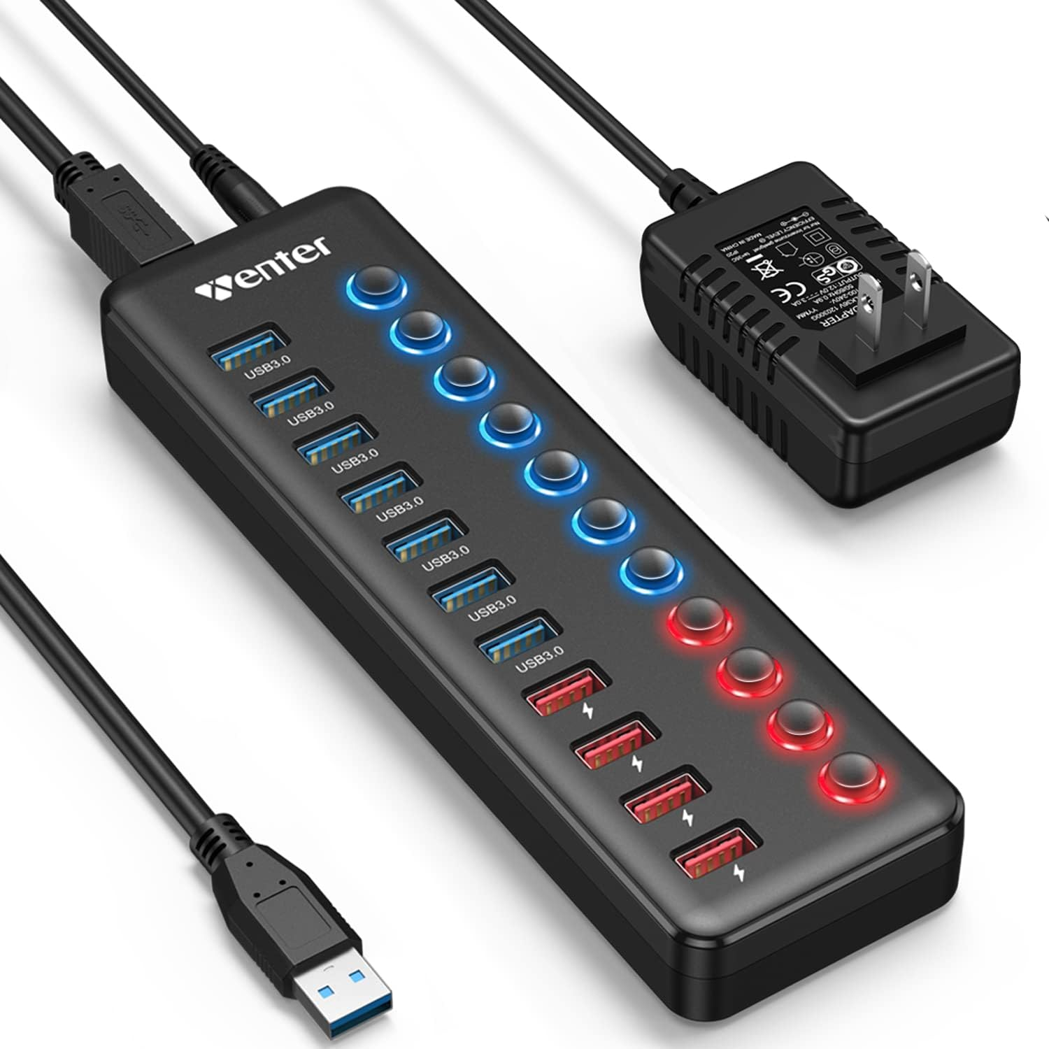 Powered USB 3.0 Hub,  11-Port Hub Splitter (7 Faster Data Transfer Ports+ 4 Smart Charging Ports) with Individual LED On/Off Switches, Power Adapter for Mac, PC