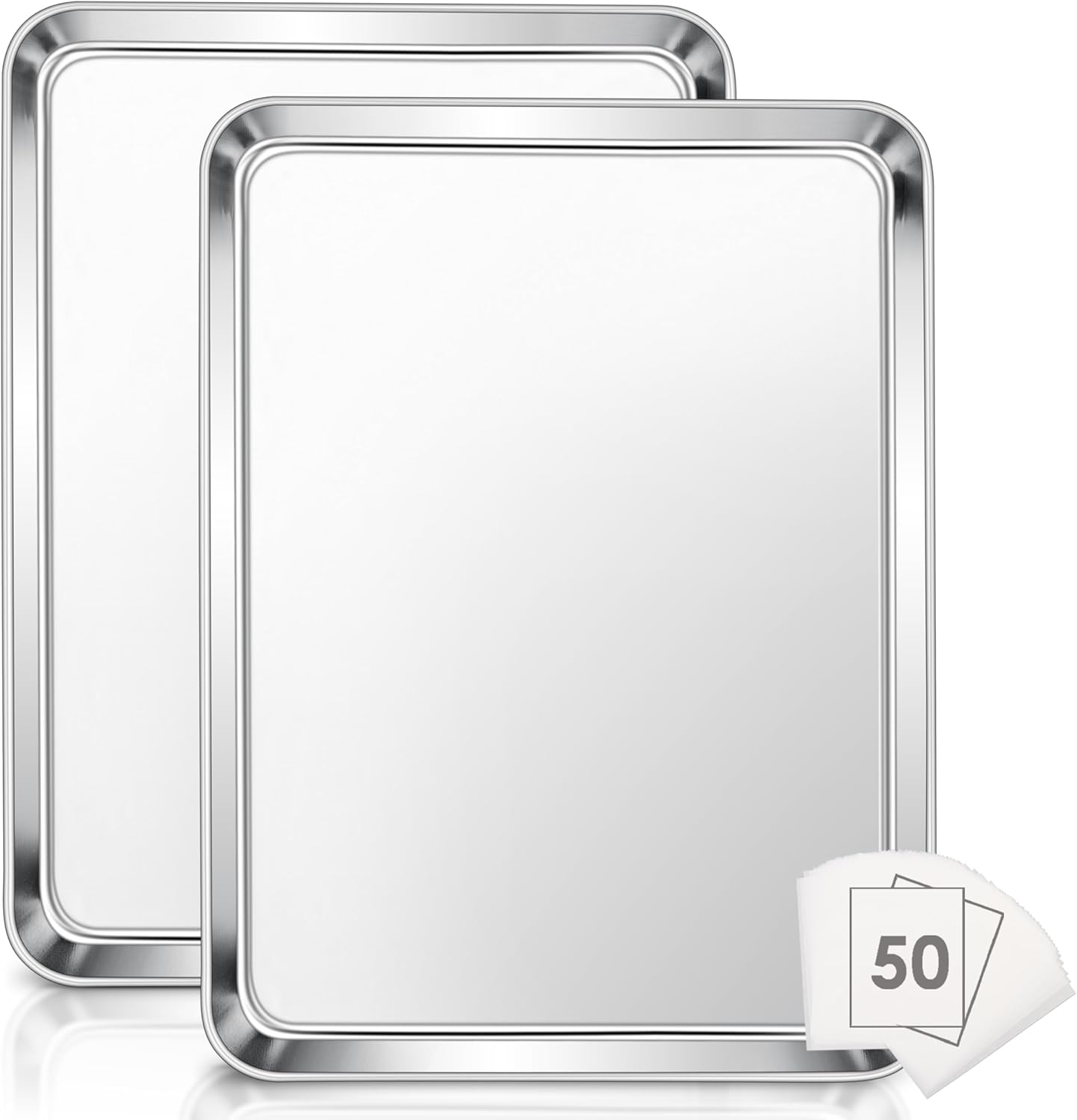 Large Baking Sheet, E-Far 18”X13” Stainless Steel Cookie Sheet Pan for Oven with 50 Parchment Paper, Rectangle Metal Baking Tray for Roasting, Rust Free & Heavy Duty, Dishwasher Safe-2 Pack