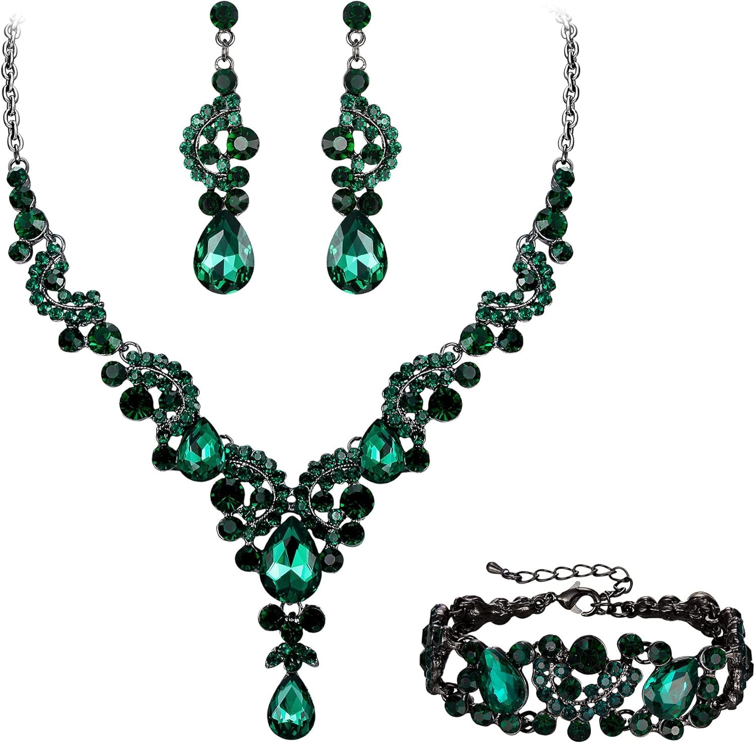 Rhinestone Crystal Bridal Art Deco Floral Wave Teardrop Necklace Earrings Bracelet Jewelry Set
