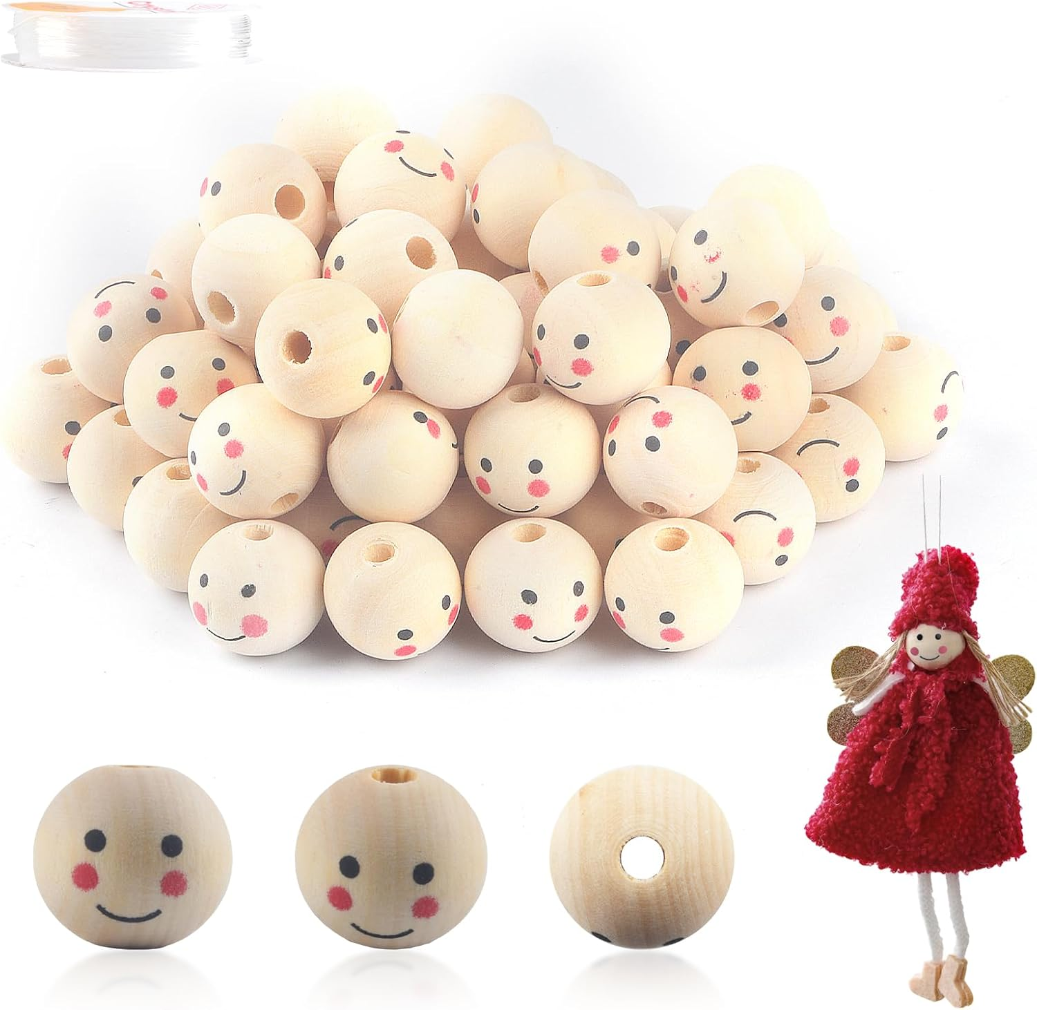 70PCS 20Mm Natural Wooden Beads with Faces for Stringing, Natural Wood Beads, W