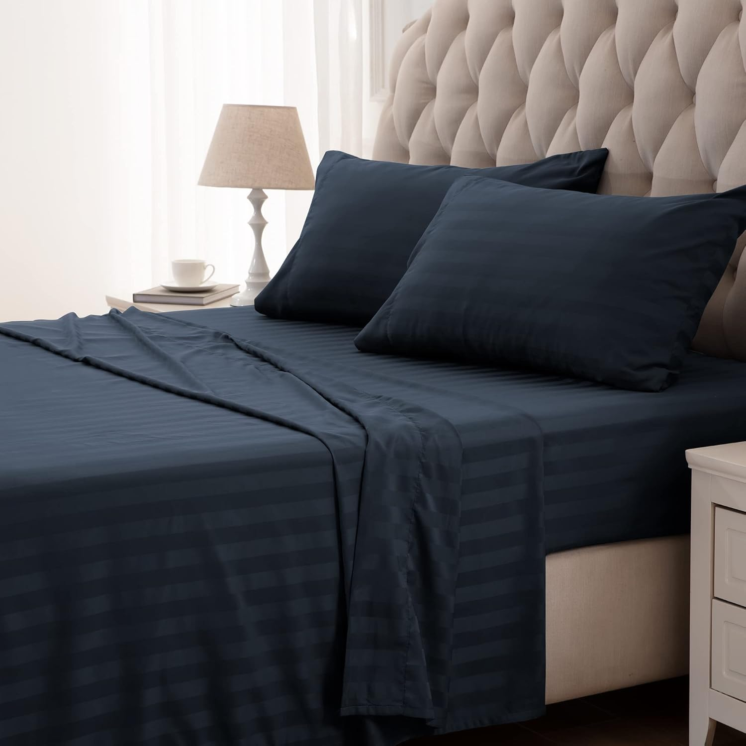 Striped Cooling Sheets Set King Size - Fitted Flat Sheet & Pillowcase Sets 4 Piece - Super Soft Stripe Bed Sheet, Easy Care, Deep Pocket (Navy Blue, King)