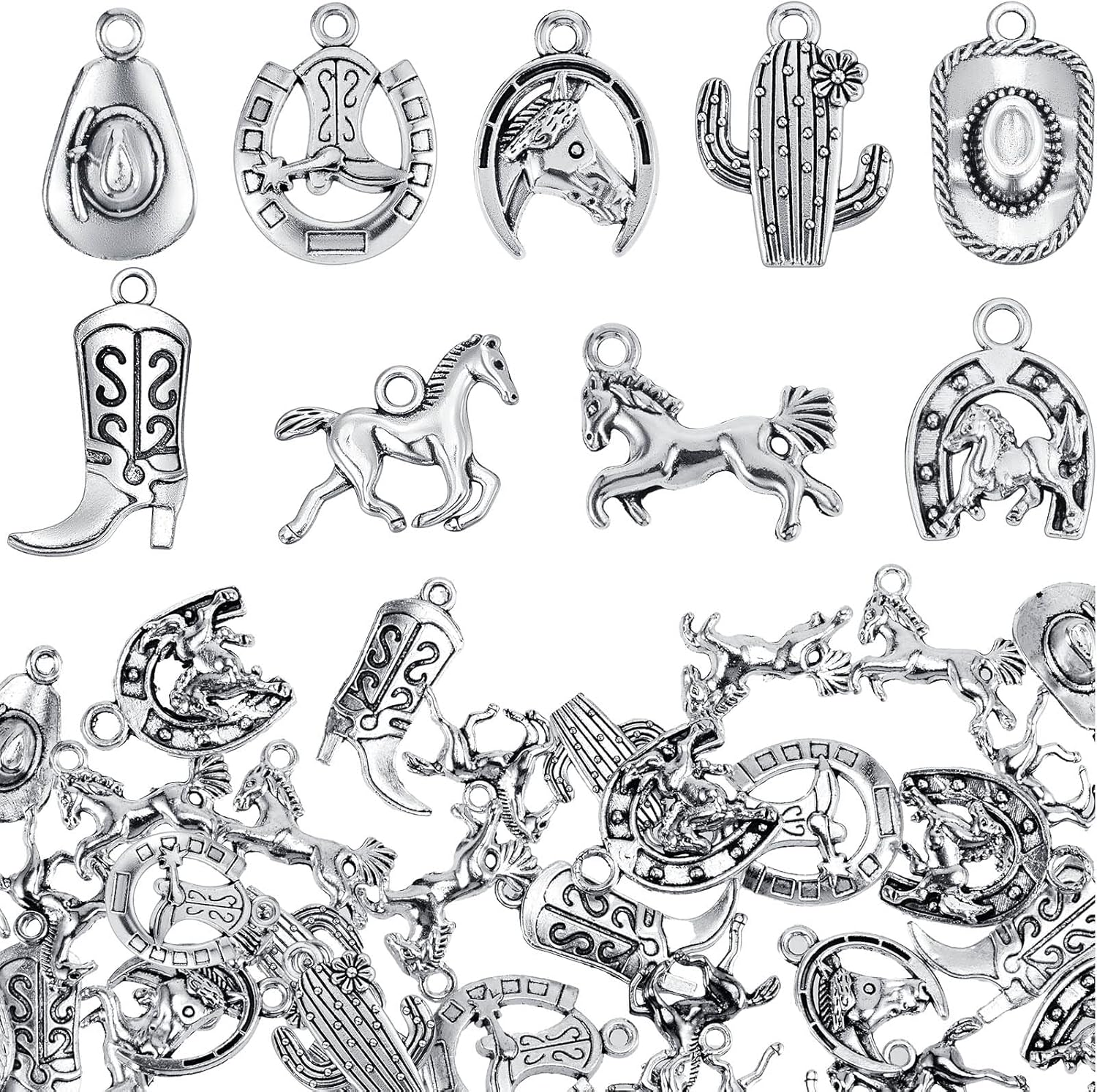 100 Pieces Western Cowboy Charms for Jewelry Making Alloy Antique Cowboy Boot Hat Horse Cactus Charms Horse Western Pendant for Bracelet Necklace, 10 Styles