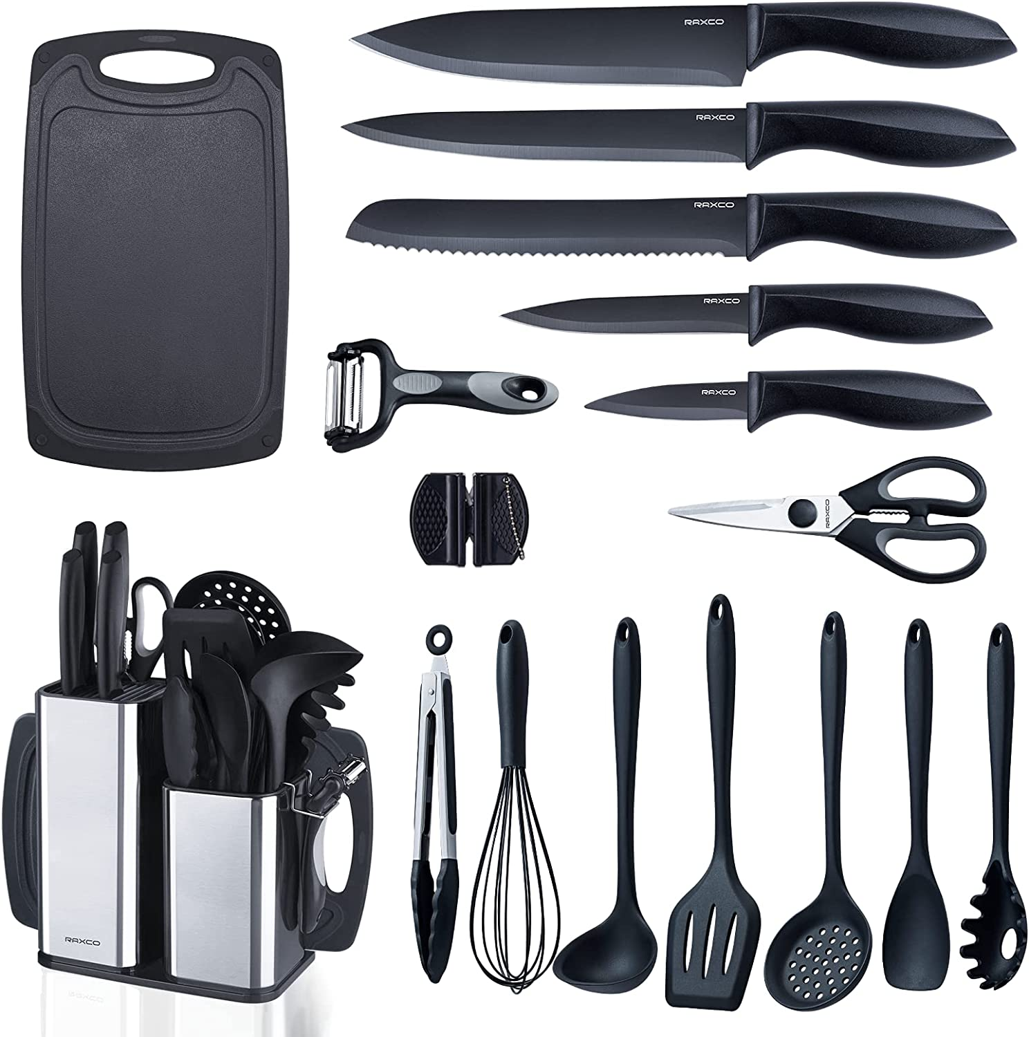 Kitchen Utensils Set for Cooking-7 Cooking Utensils,5 Kitchen Utensils,6 Knife Set,Utensilios De Cocina(18-In-1) (Black)