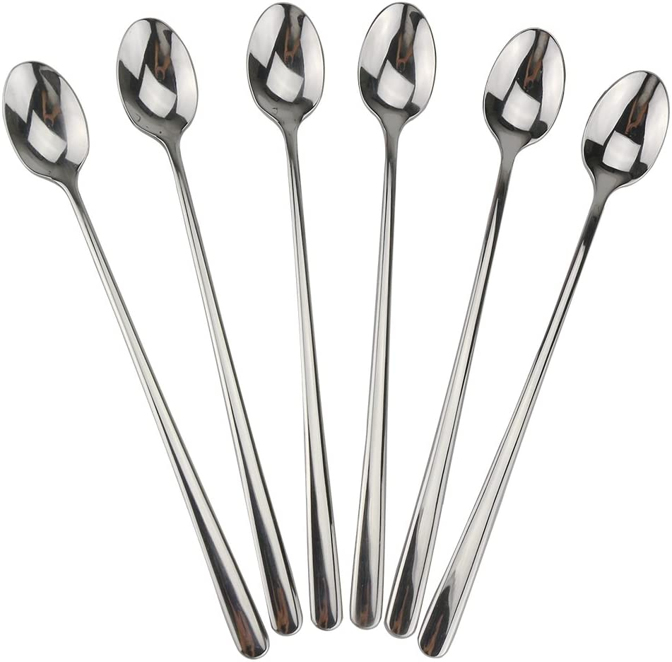 Long Handle Spoon, 9-inch Ice Tea Spoon,  Premium 18/10 Stainless Steel Iced Teaspoon for Mixing, Cocktail Stirring, Tea, Coffee, Milkshake, Cold Drink, Set of 6 (Heavy Duty)