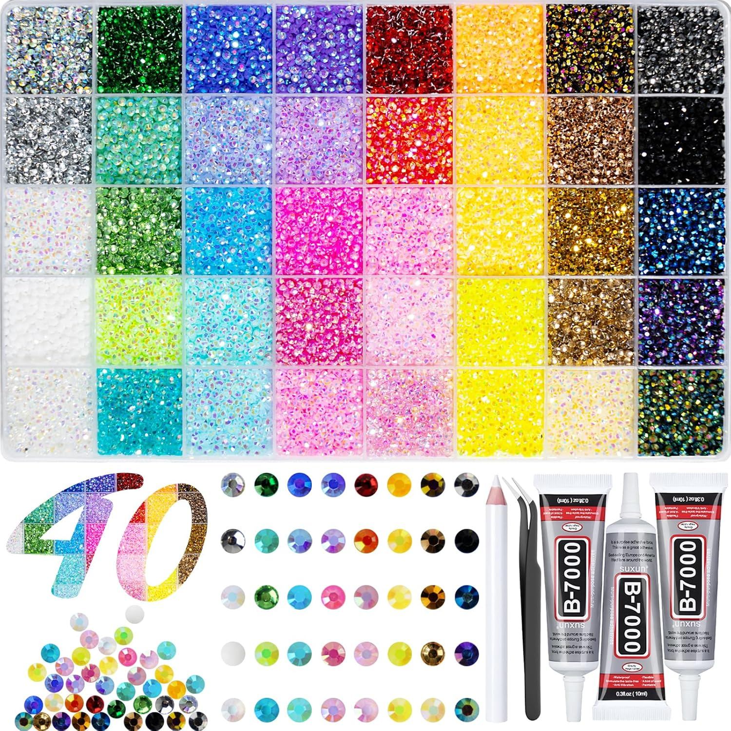 50000+Pcs Resin Jelly Rhinestones for Bedazzling Kit, 3mm Multicolor Flat Back Gems Bedazzler Kit with 3Pcs 10ml B7000 Jewelry Glue, Colorful Bulk Jewels for Diamond Nail Art