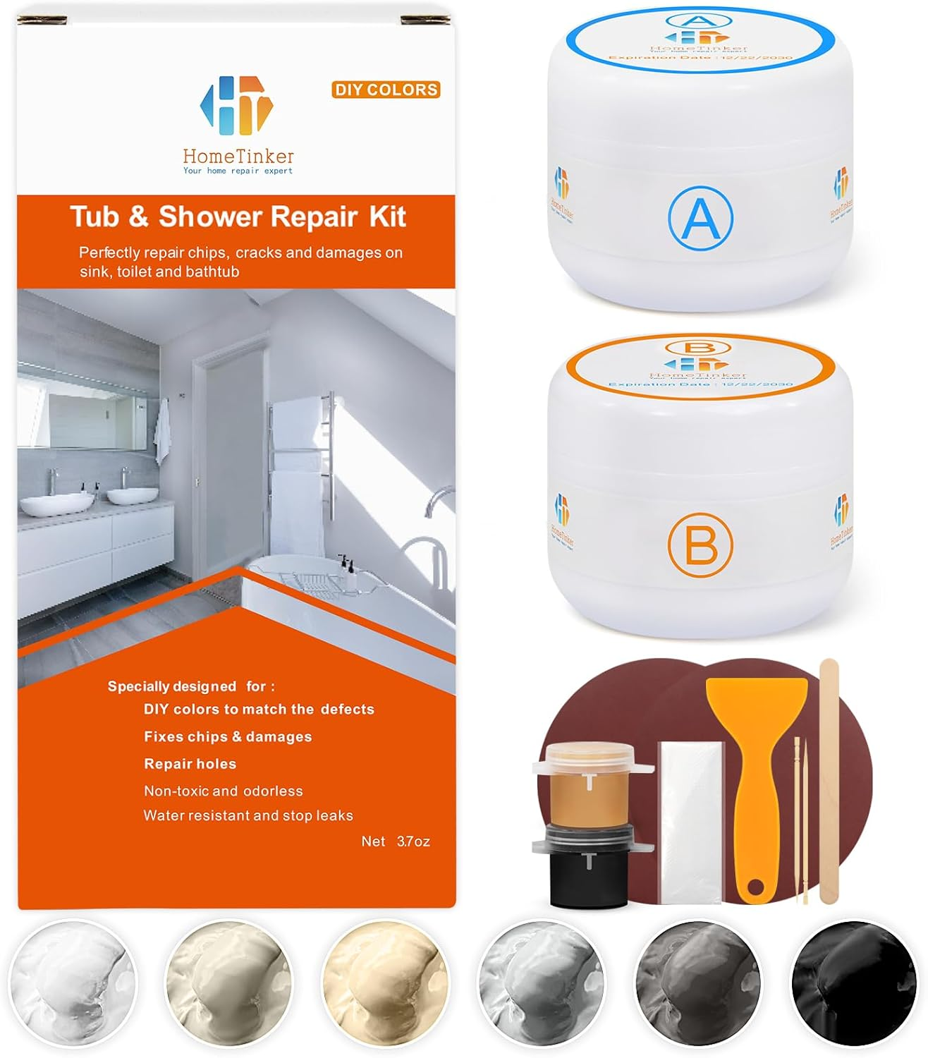 Tub, Tile and Shower Repair Kit (Color Match), 3.7Oz Fiberglass Repair Kit, Porcelain Repair Kit White/Almond/Black/Bone/Bisque/Biscuit/Grey/Cream/Off White/Beige, Odorless Bathtub Paint