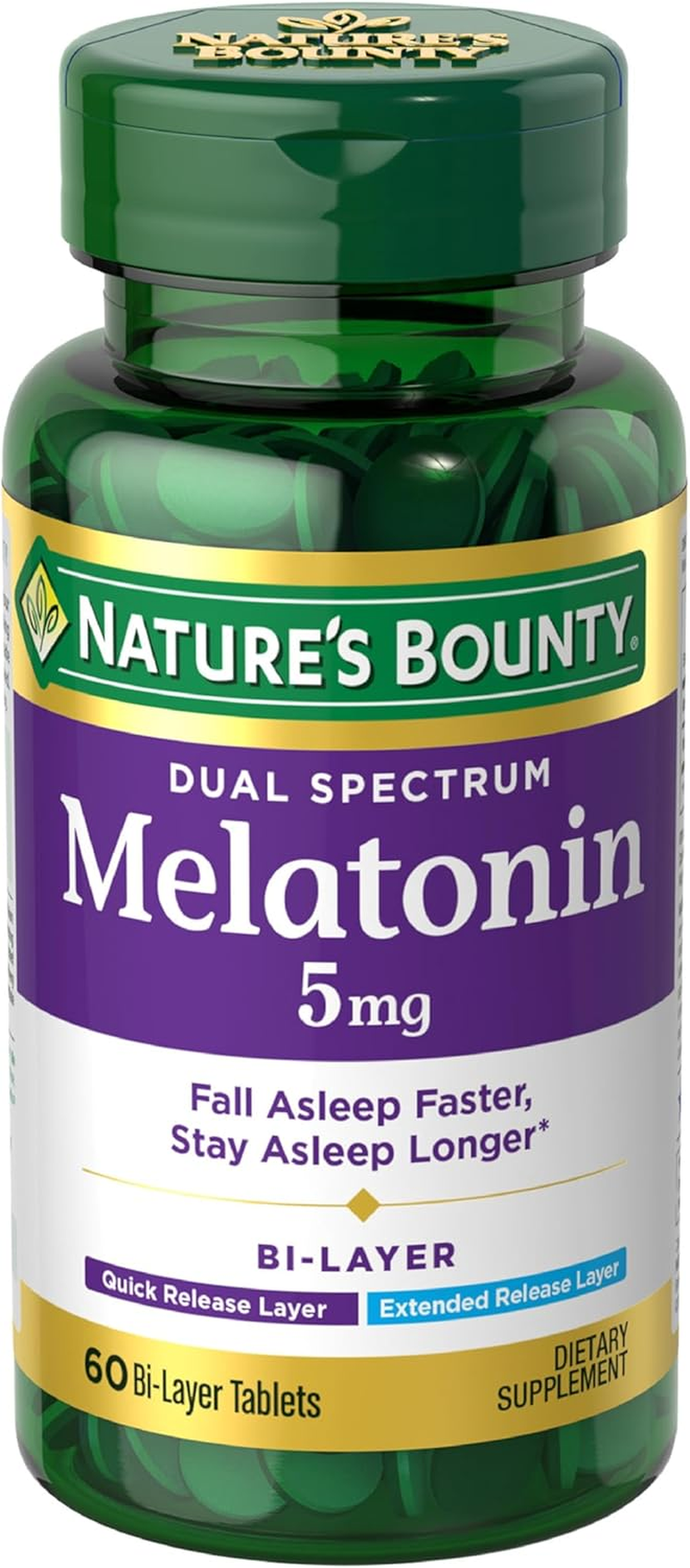 Melatonin 5Mg Dual Spectrum, 100% Drug Free Sleep Supplement, Quick Release and Extended Release, Promotes Relaxation and Sleep Health, 60 Bi-Layer Tablets