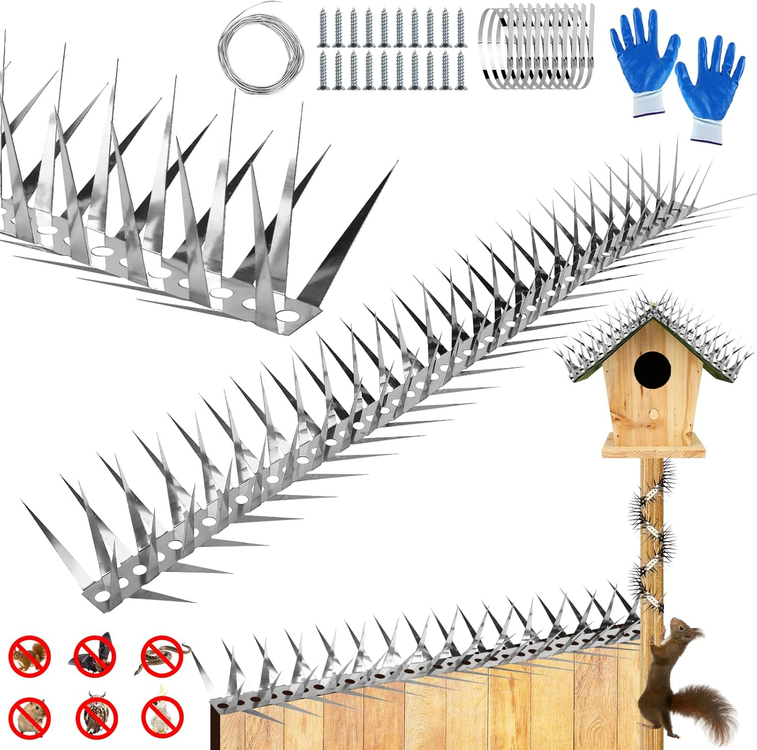 Bird Spikes,158Inch Stainless Steel Bird Deterrent Spikes,Raccoon and Snake Deterrent,Squirrel Baffles for Bird Feeders,Pigeon Spikes for Outside,Anti Climb Spikes Garden Fences and Fruit Trees