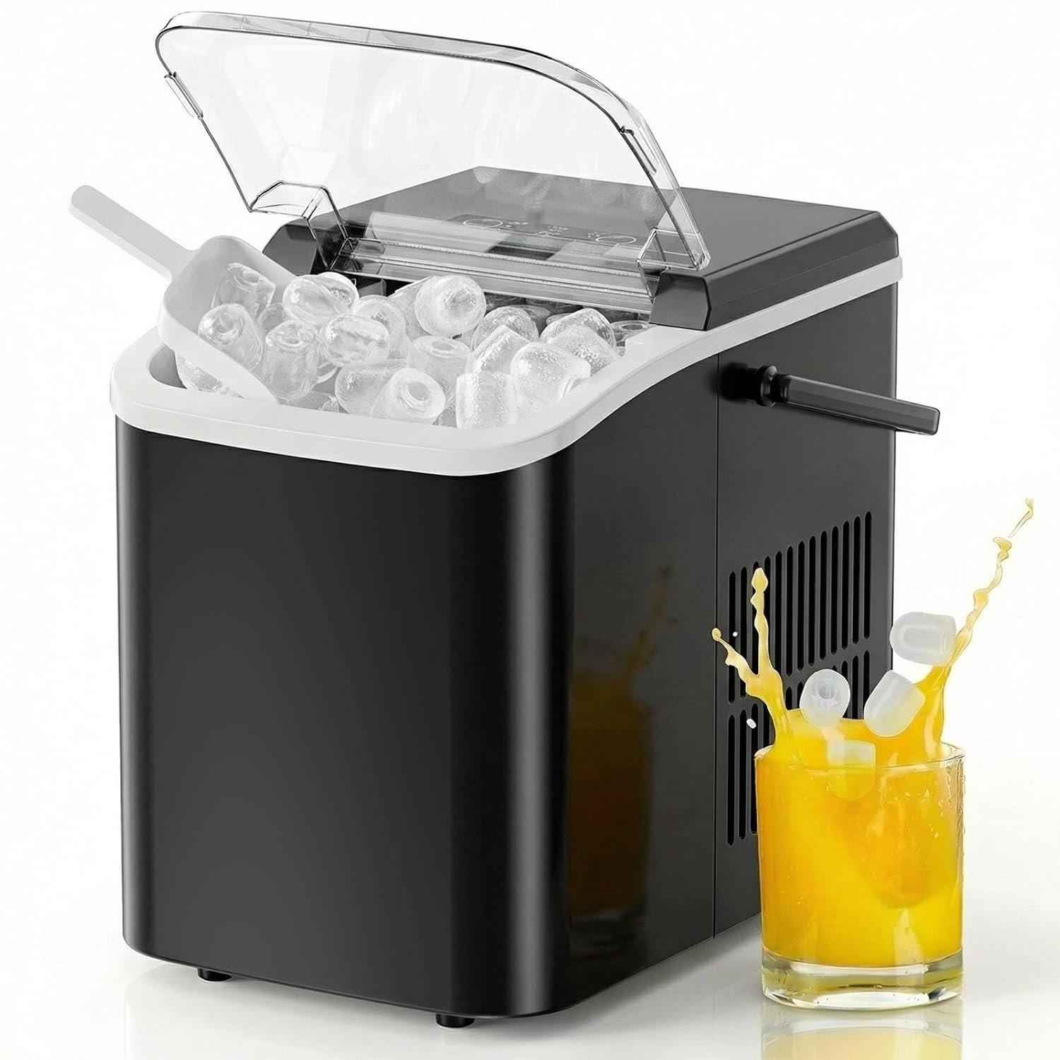Ice Makers Countertop with Handle, Portable Ice Machine,  Bullet Cubes in  Mins, 26Lbs in 24Hrs, Auto-Cleaning, with Basket and Scoop, for Home, Kitchen, RV, Camping, Black