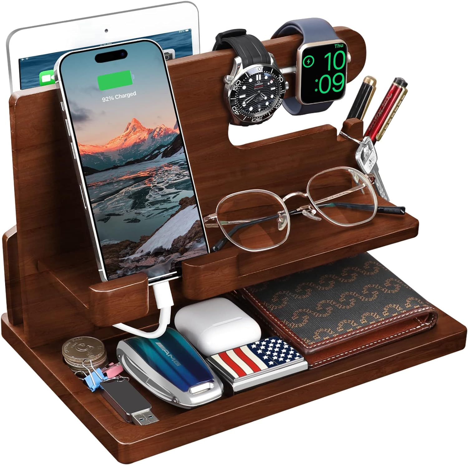 Wood Phone Docking Station Nightstand Charging Organizer and Cell Phone Stand