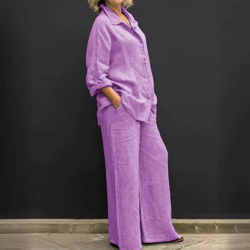 Hot Selling New Women'S 2 Piece Linen Co-Ord Set Oversized Loose Fit Long Sleeve Shirt Wide Leg Pants