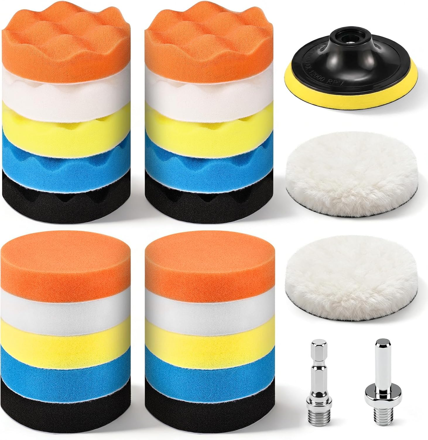 GOH DODD 4 Inch 24 Pieces Buffing Polishing Pads, Car Foam Drill Polishing Pad Kit Sponge Pads Buffer Polisher Kit Headlight Restoration Kit with Wool Pads for Car Polishing, Waxing and Cleaning