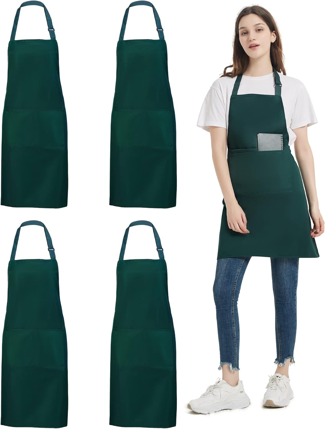 Set 4 delantales impermeables verdes con bolsillos, unisex