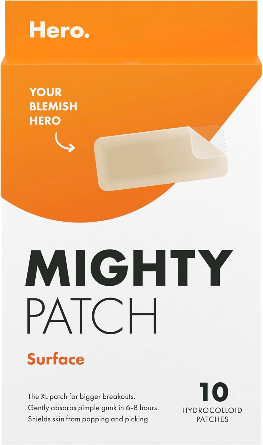 Hero Mighty Patch™ Surface - XL Pimple Patch Large Breakouts, Hydrocolloid Spot Patch Body or Face, Shields Skin and Gently Absorbs Pimple Gunk (10 Count)