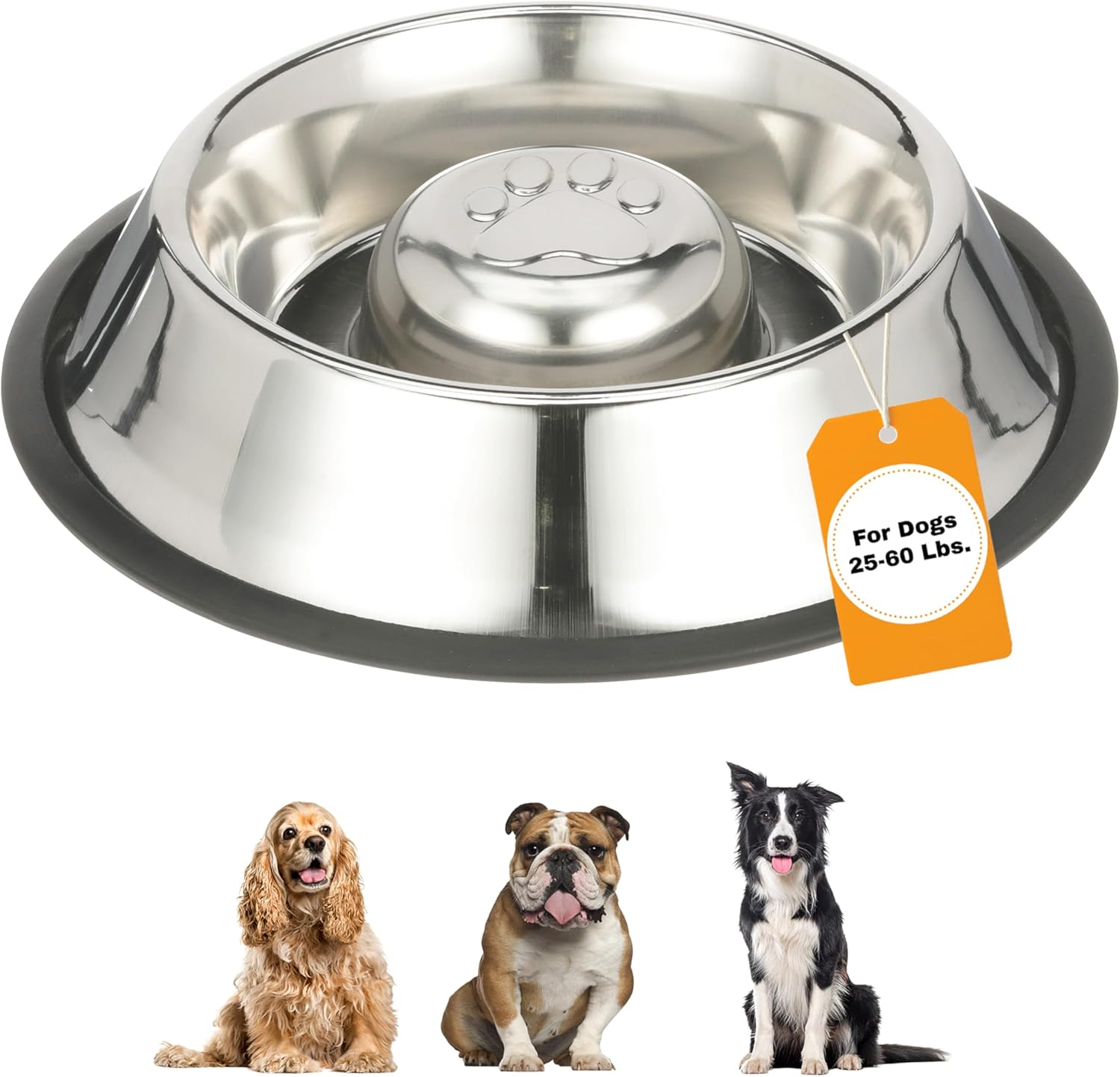 Stainless Steel Slow Feed Bowl - Non-Tip & Non-Skid - Stops Dog Food Gulping, Bloat, Indigestion, and Rapid Eating (3 Cup)