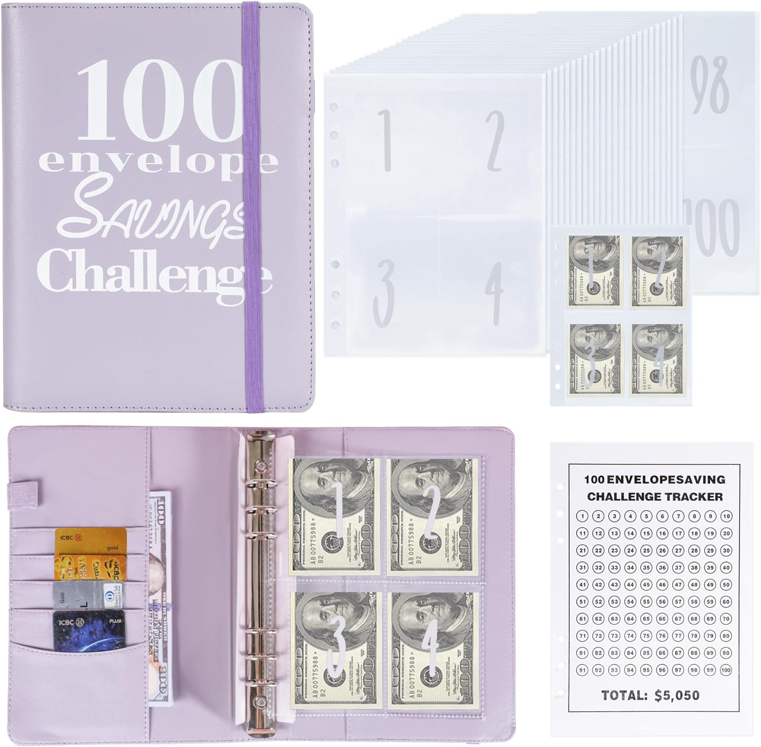 100 Sobres Carpeta Ahorro Dinero A5 Libro Reto de Ahorros Color Purpura Ahorro